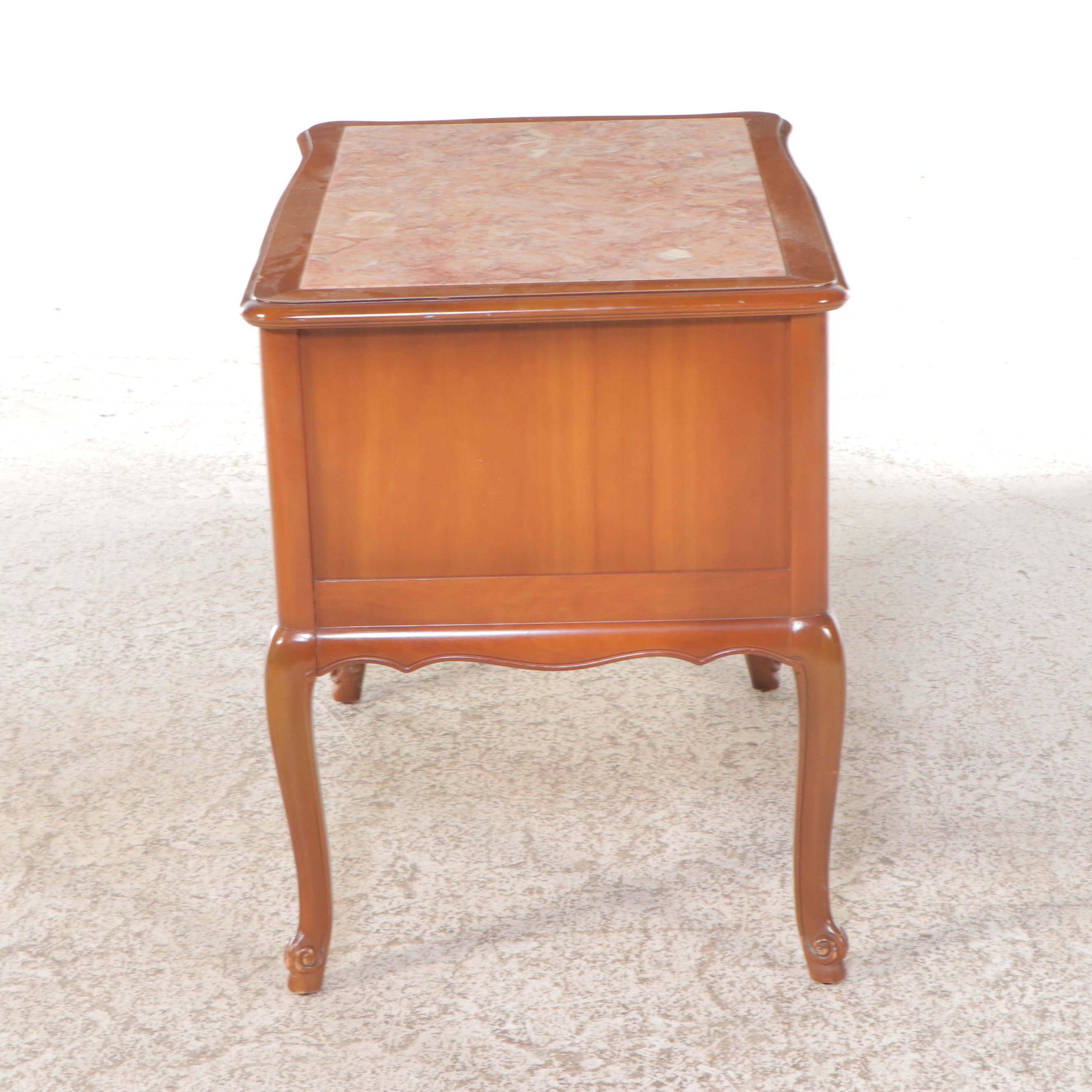 French Provincial Style Mahogany Coffee Table & End Table with Pink Marble Tops