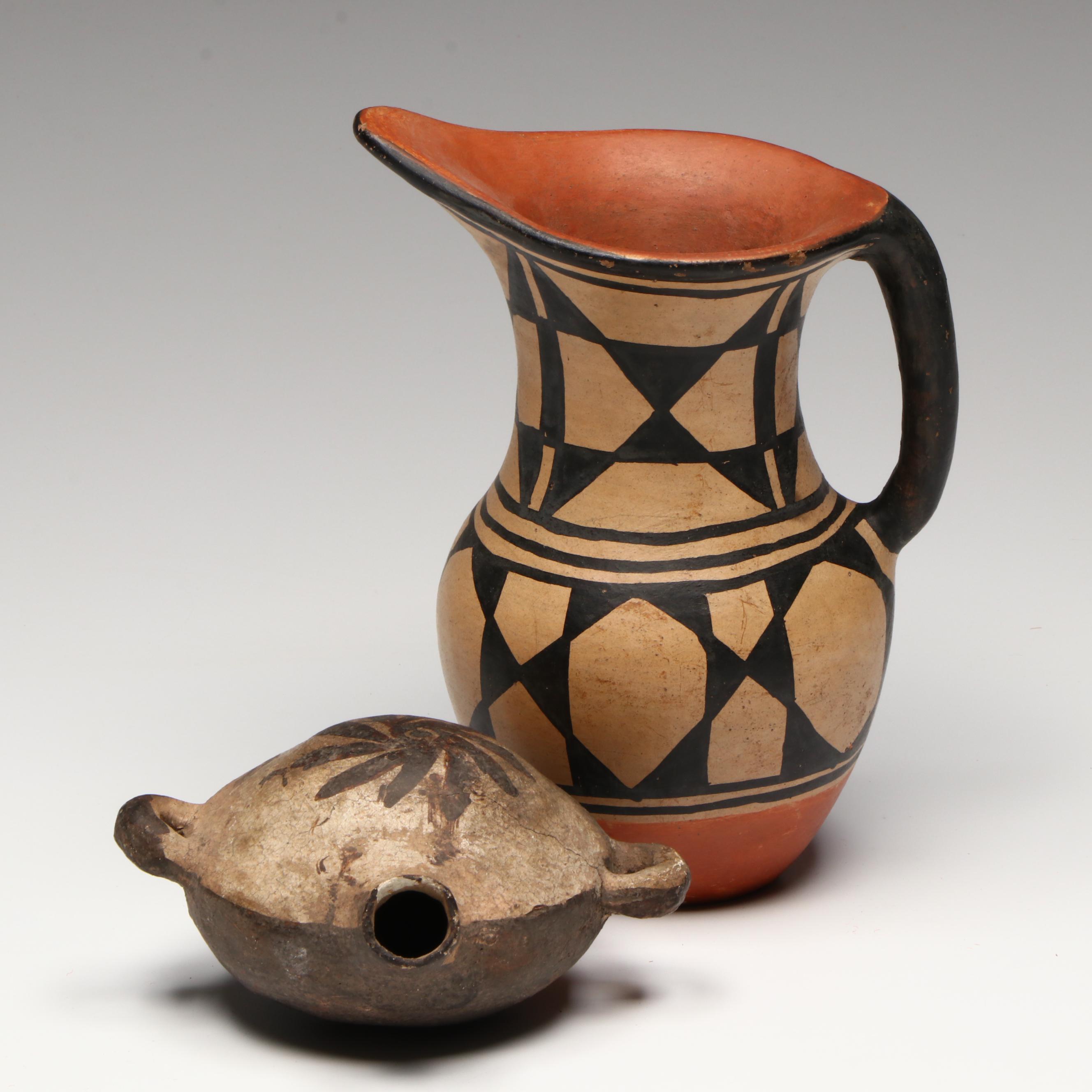 Indigenous Southwestern Pueblo Polychrome Pottery Pitcher and Canteen