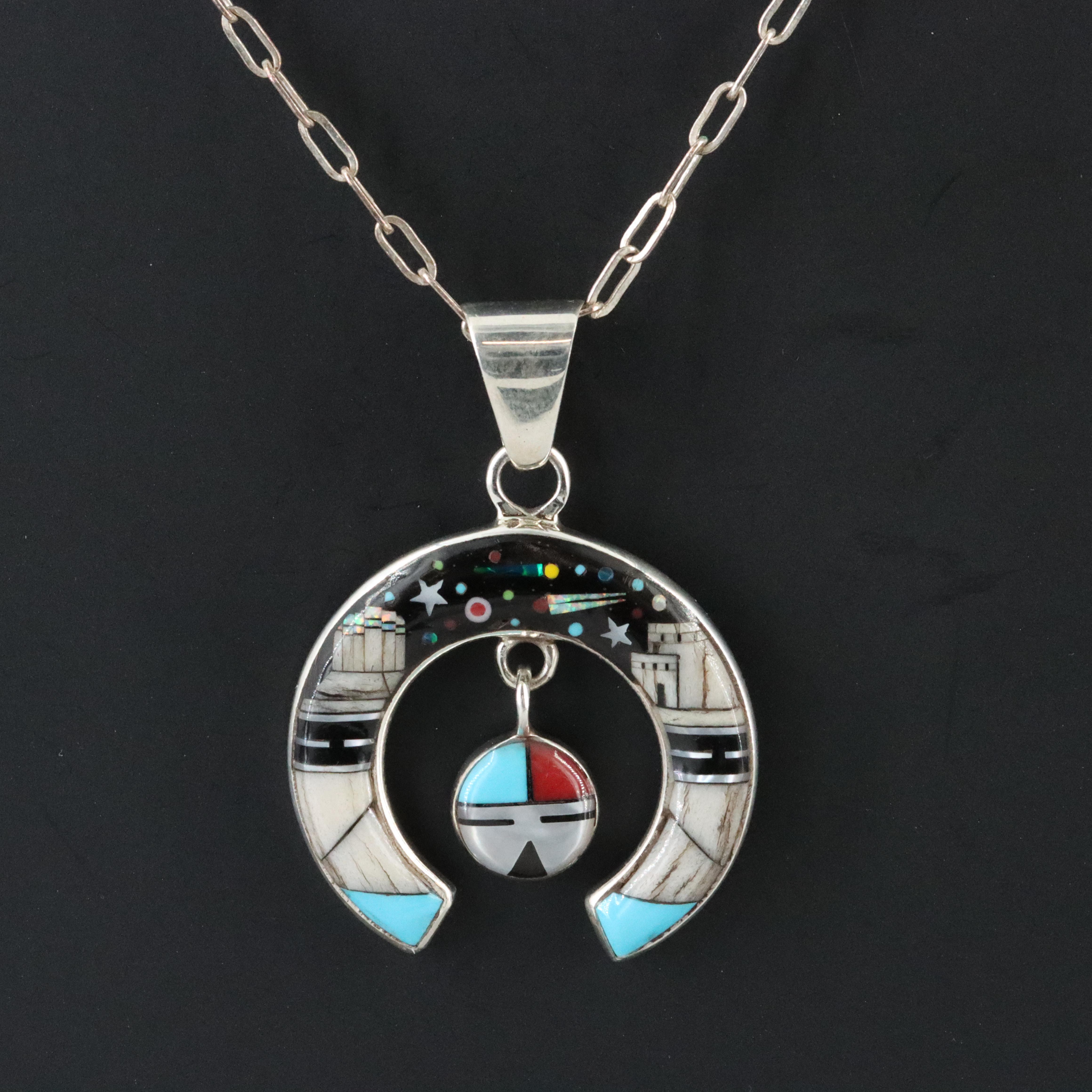 Western Style Sterling Naja Pendant Necklace Feat. Mother of Pearl, Opal, Coral