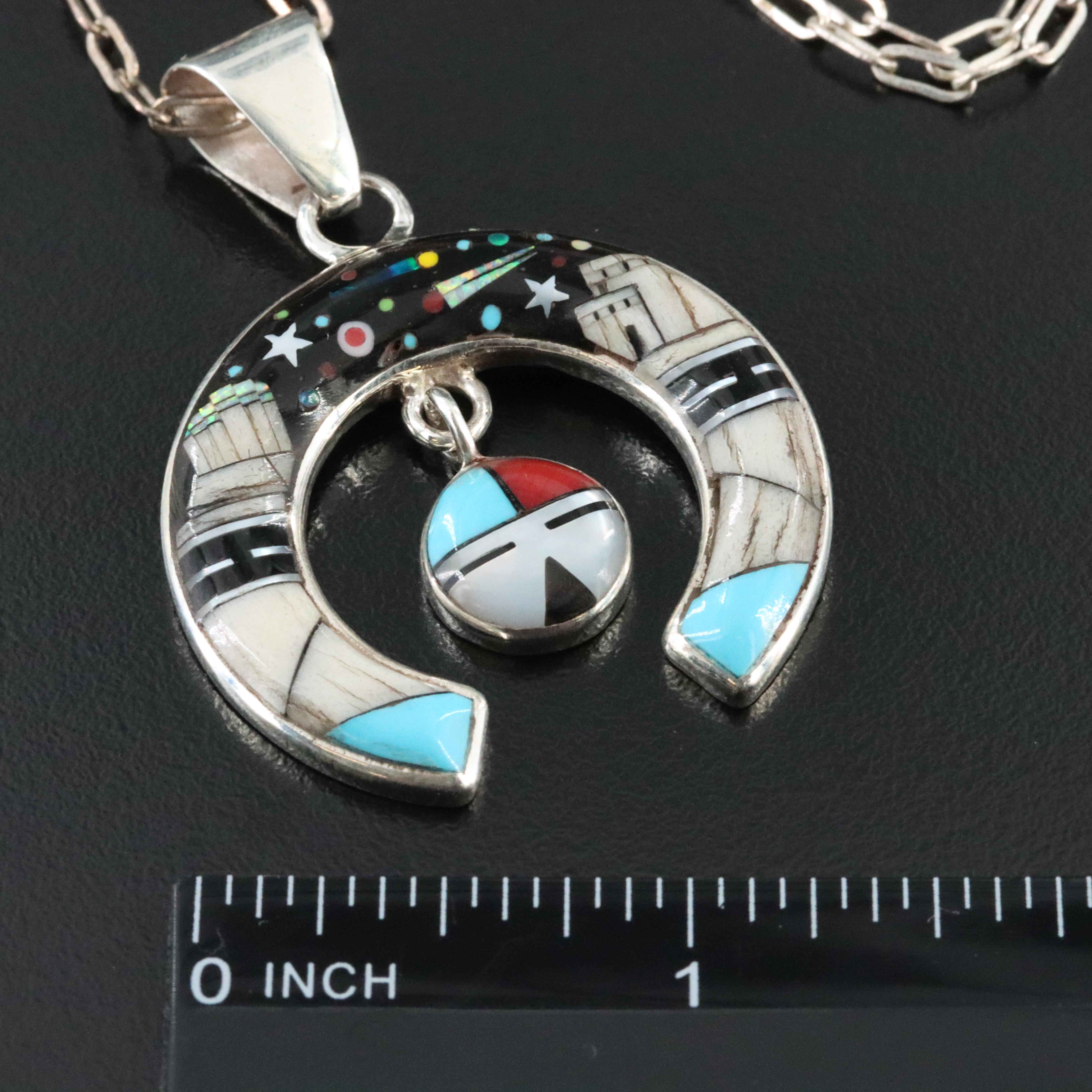 Western Style Sterling Naja Pendant Necklace Feat. Mother of Pearl, Opal, Coral