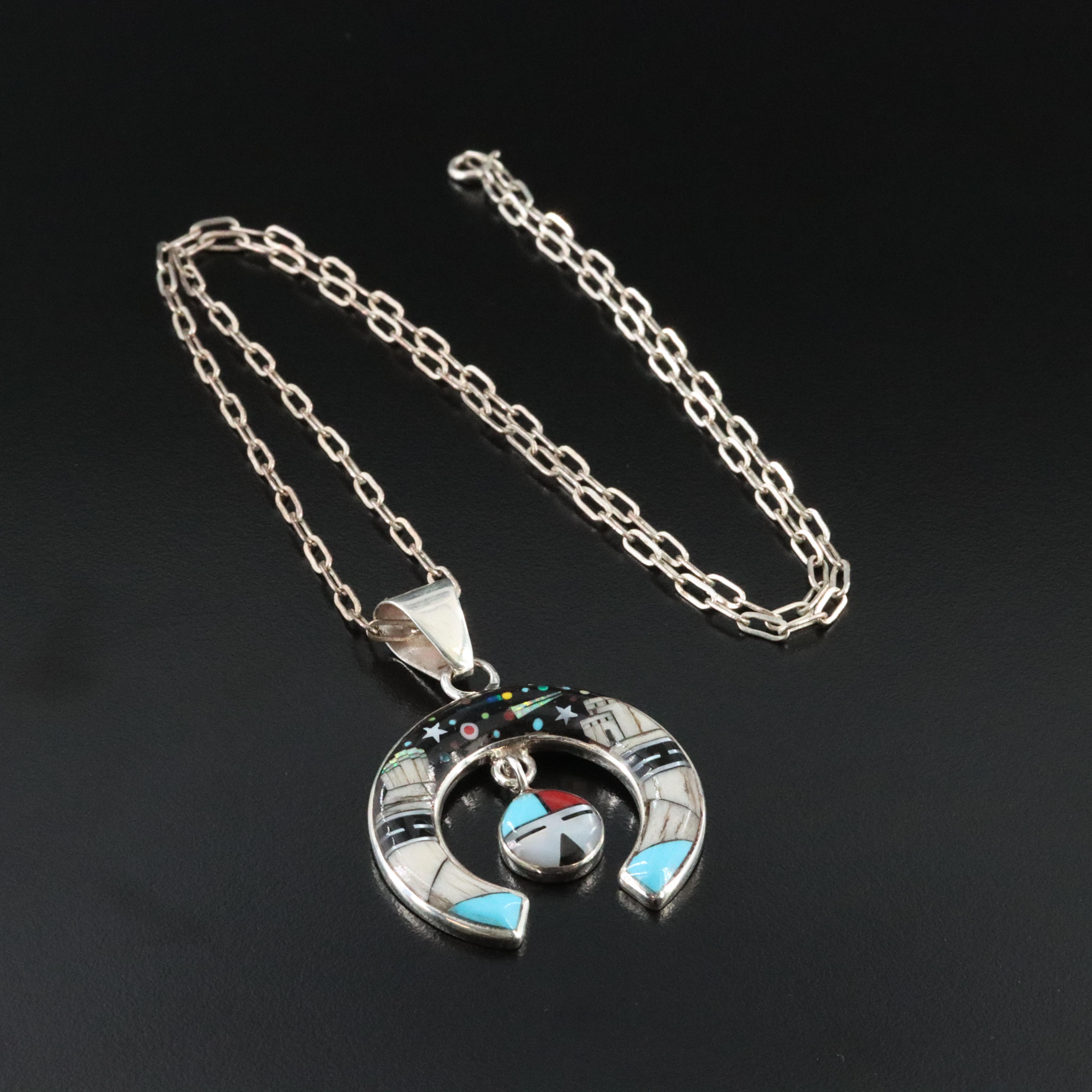 Western Style Sterling Naja Pendant Necklace Feat. Mother of Pearl, Opal, Coral