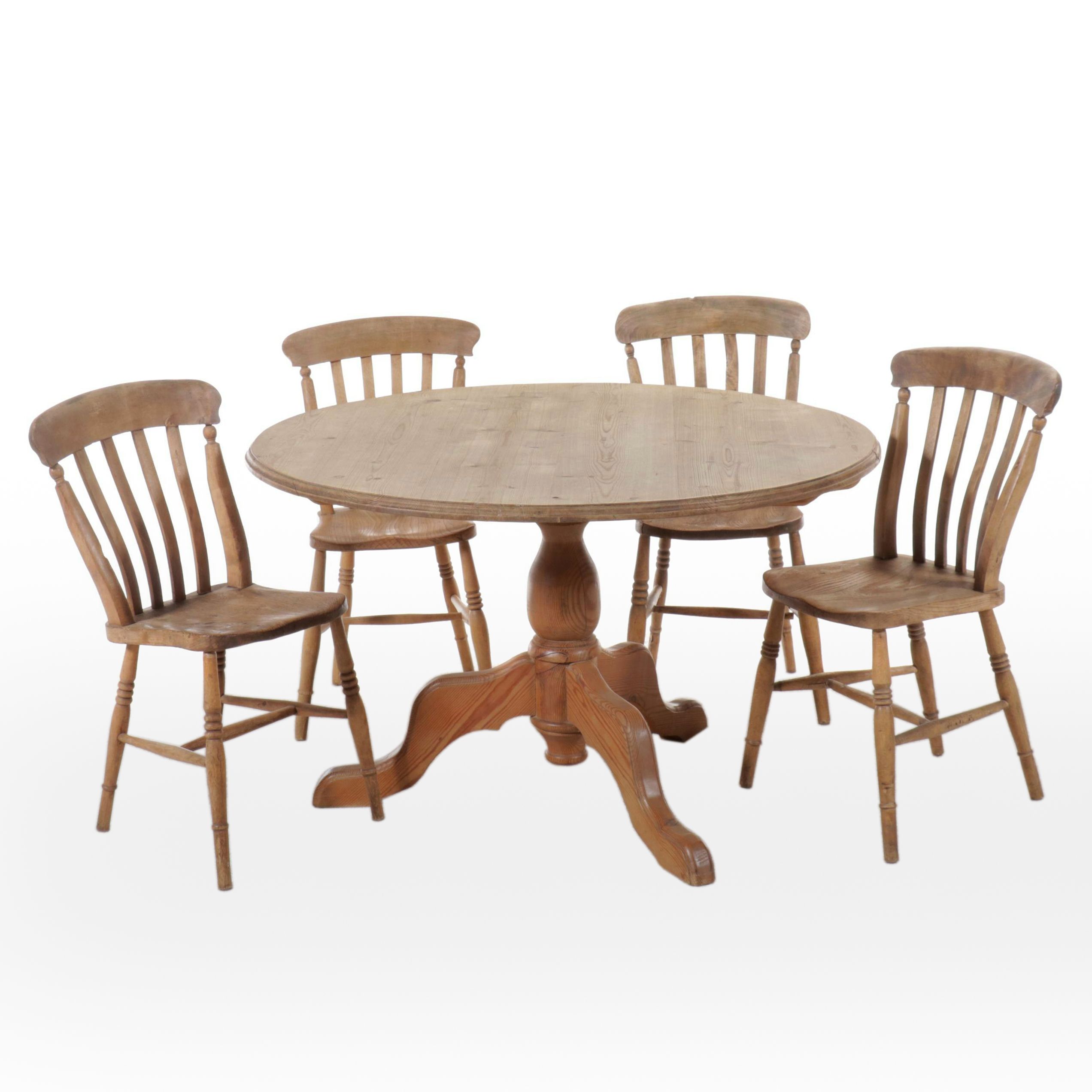 Country Style Pine Pedestal Dinging Table with Four Windsor Side Chairs