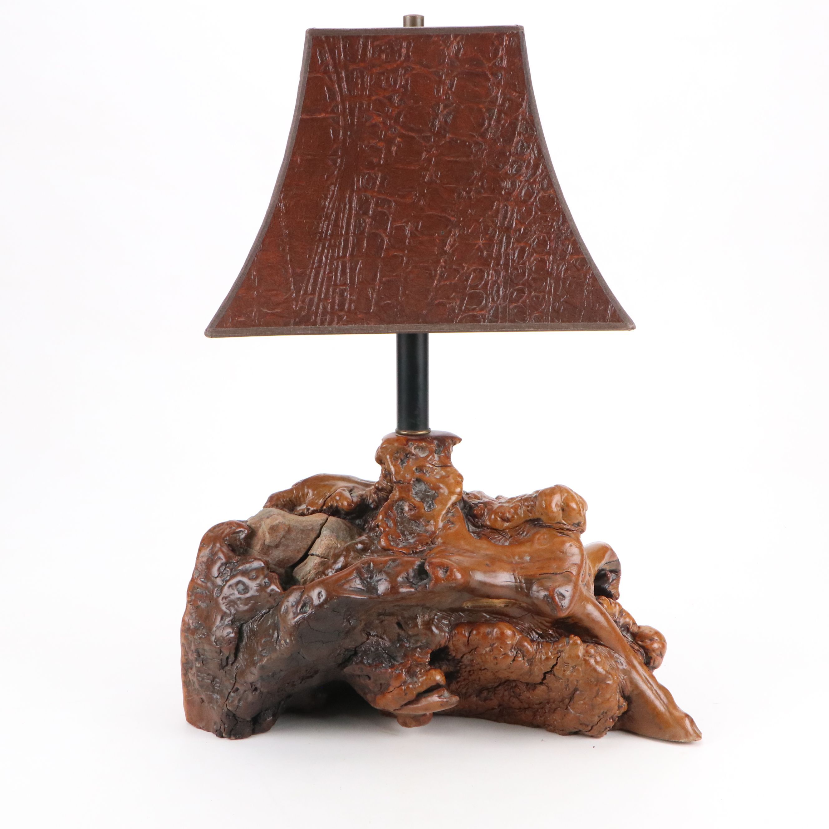 Burl Wood with Stone Inclusions Table Lamp with Embossed Faux Leather Lamp Shade