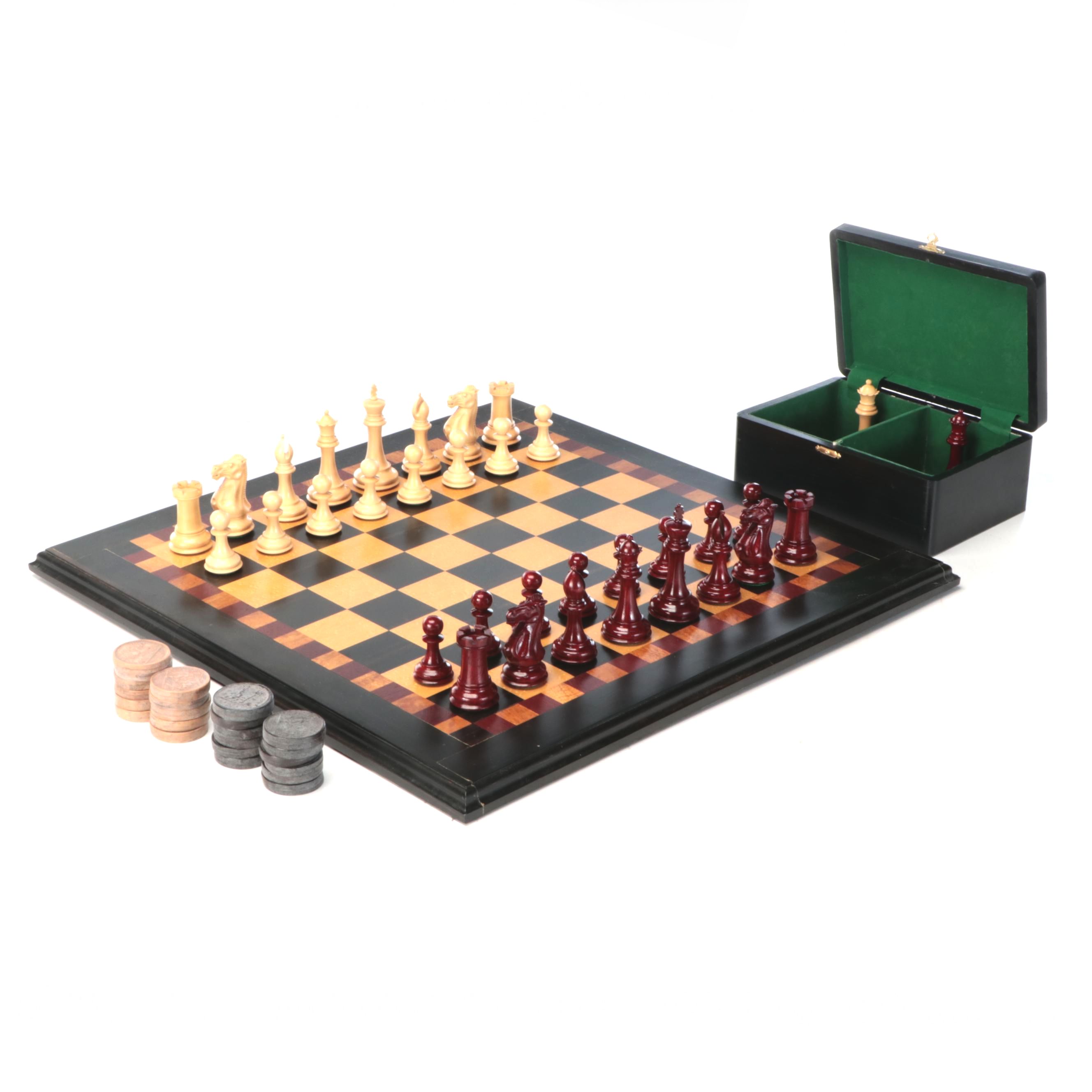 Wood Chessboard with Checker and Chess Pieces
