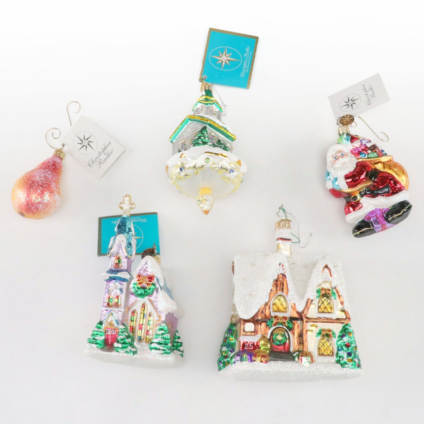 Five Christopher Radko Blown Glass Christmas Ornaments