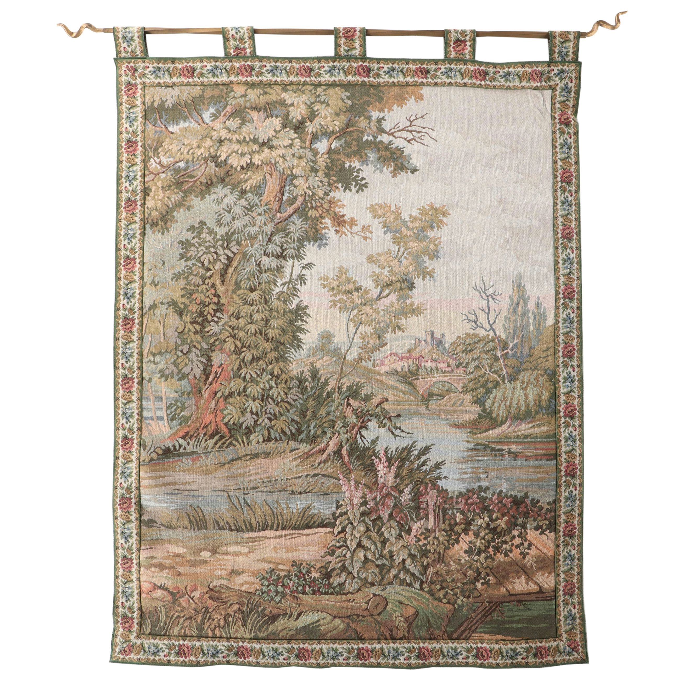 Genre Scene Countryside with Creek Wall Tapestry and Hanging Rod