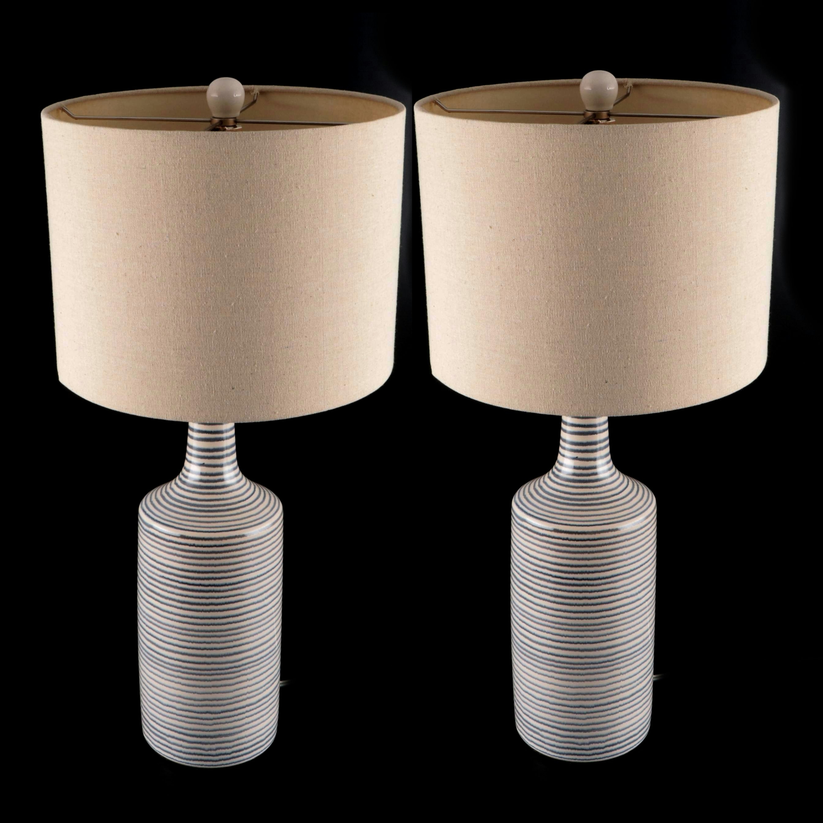 Coastal Ceramic Striped Lamps with Linen Drum Shades