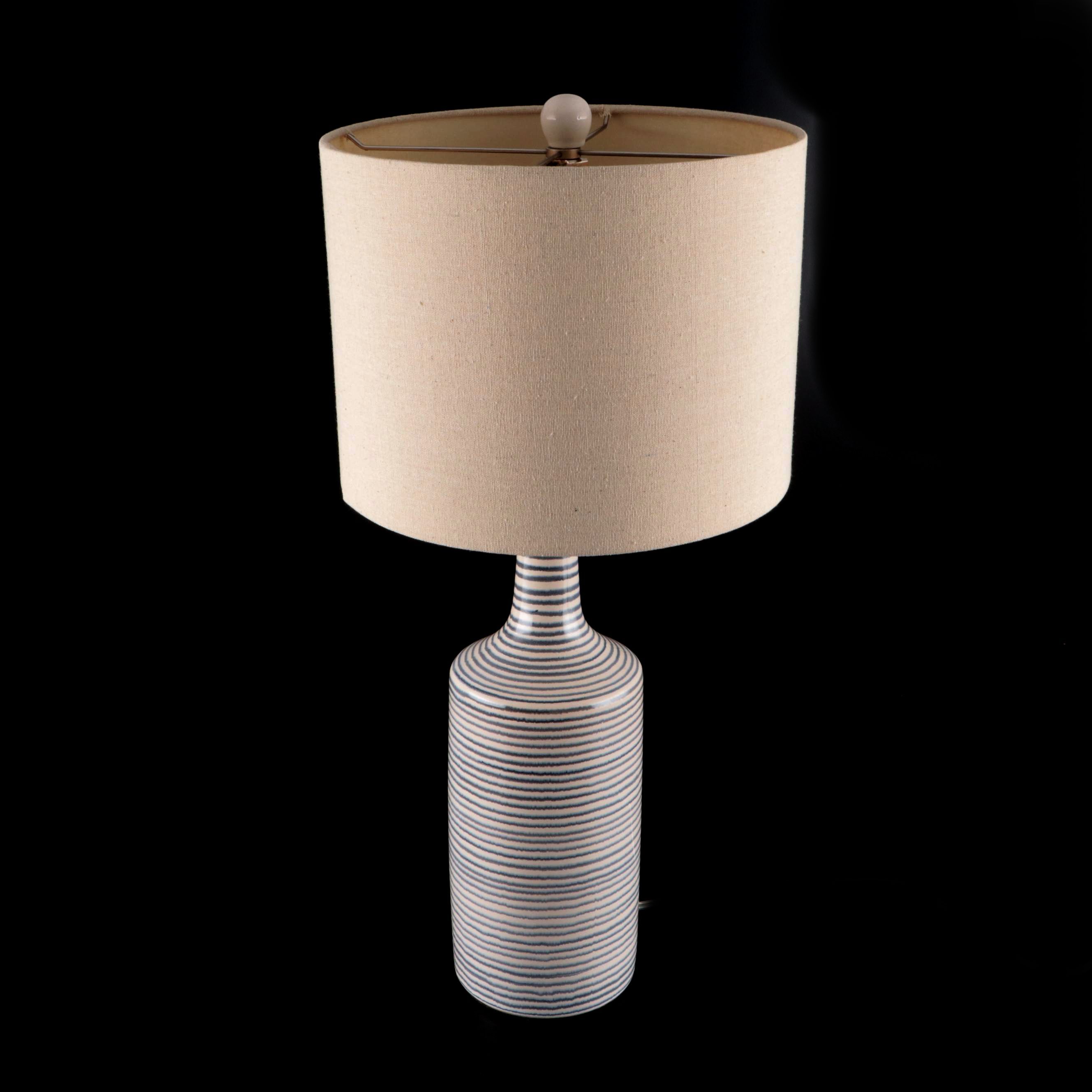 Coastal Ceramic Striped Lamps with Linen Drum Shades
