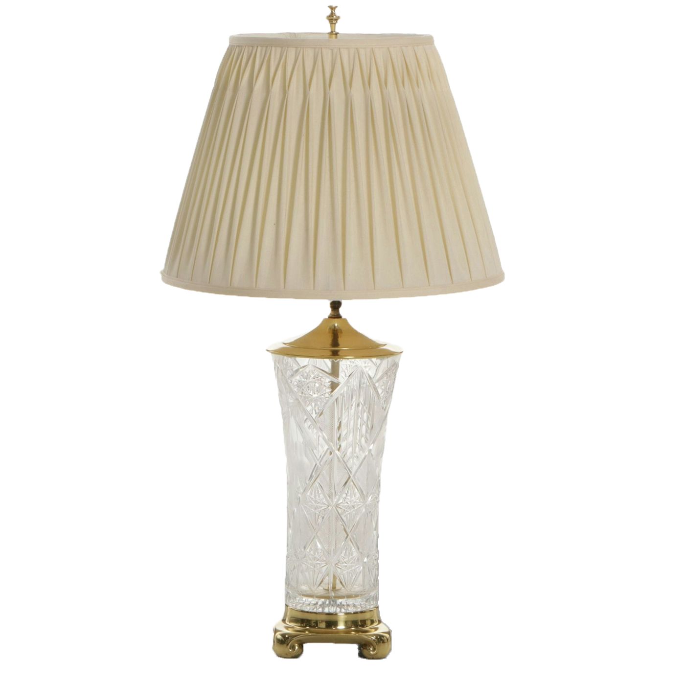 Hobstar and Strawberry Cut Glass and Brass Table Lamp, Late 20th Century