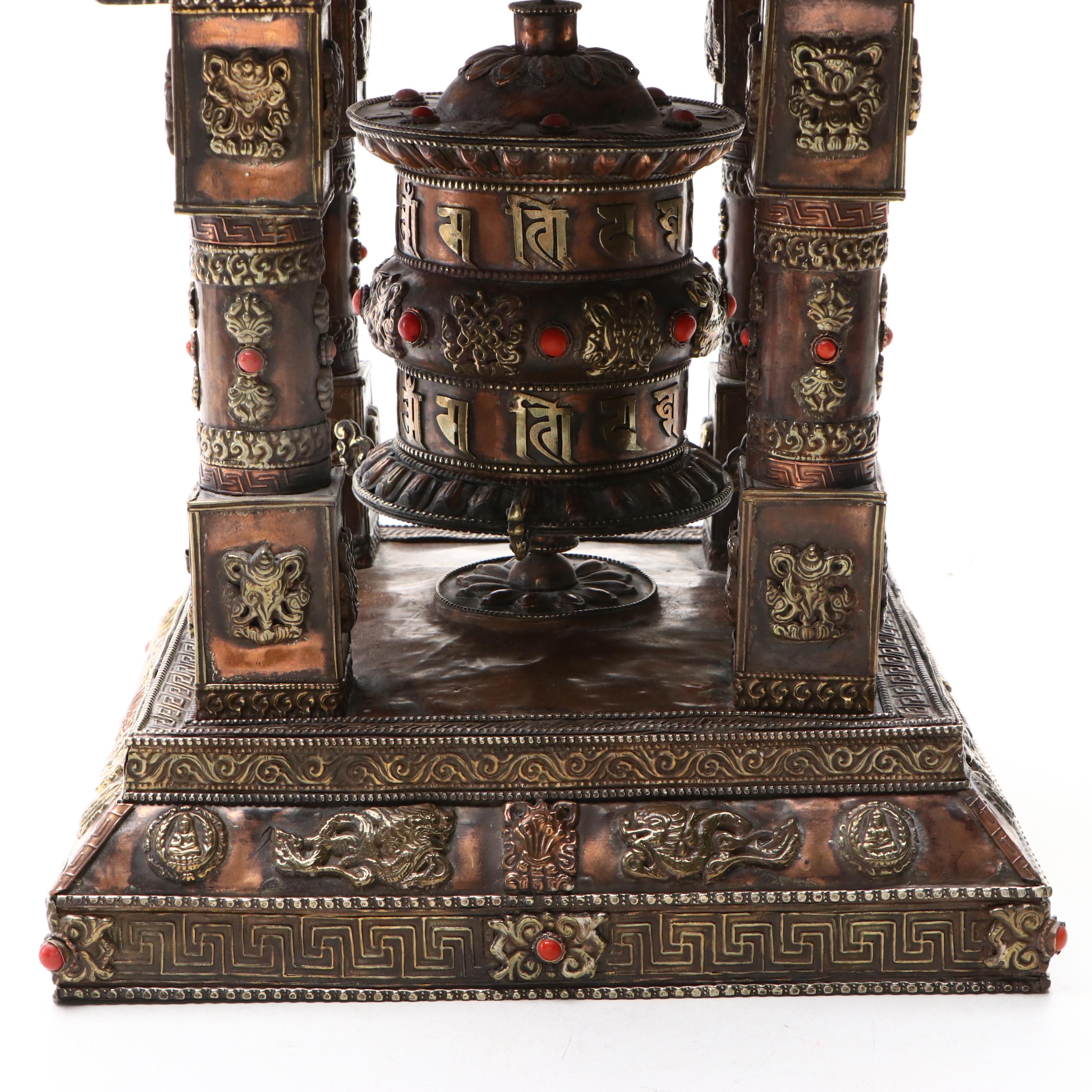 Tibetan Buddhist Prayer Wheel with Temple Stand