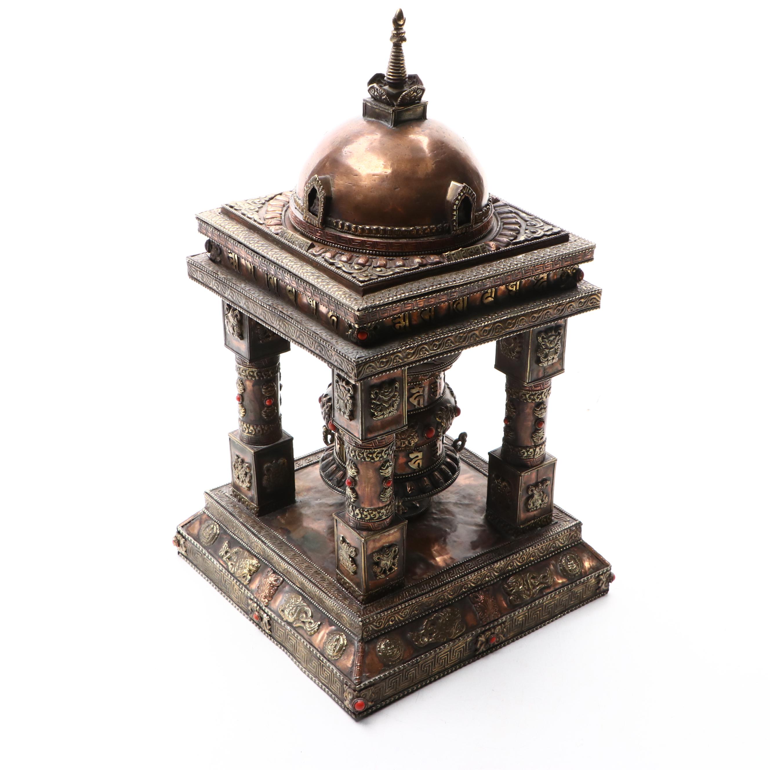Tibetan Buddhist Prayer Wheel with Temple Stand