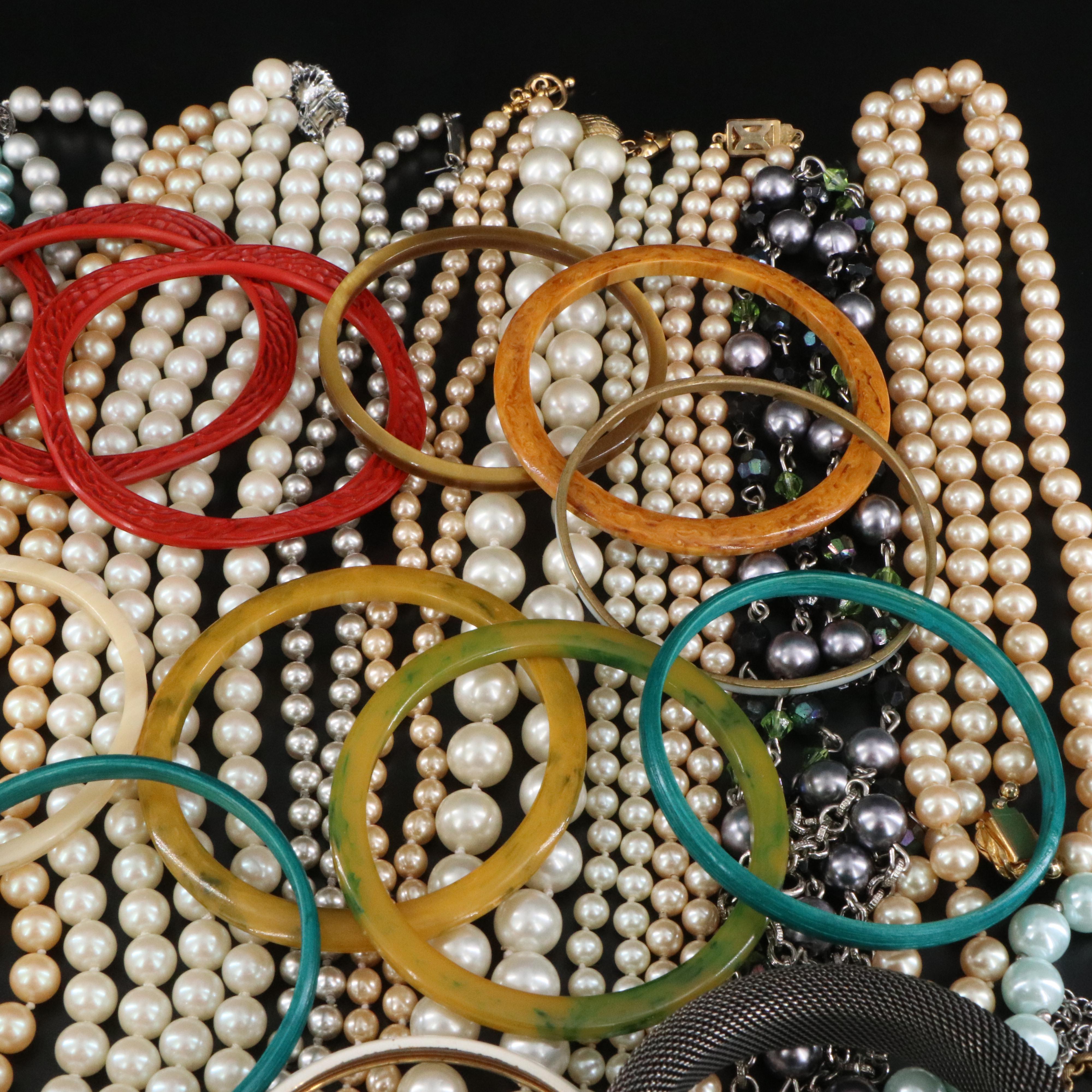 Vintage Jewelry Collection Featuring Bakelite, Rhinestones and Faux Pearl