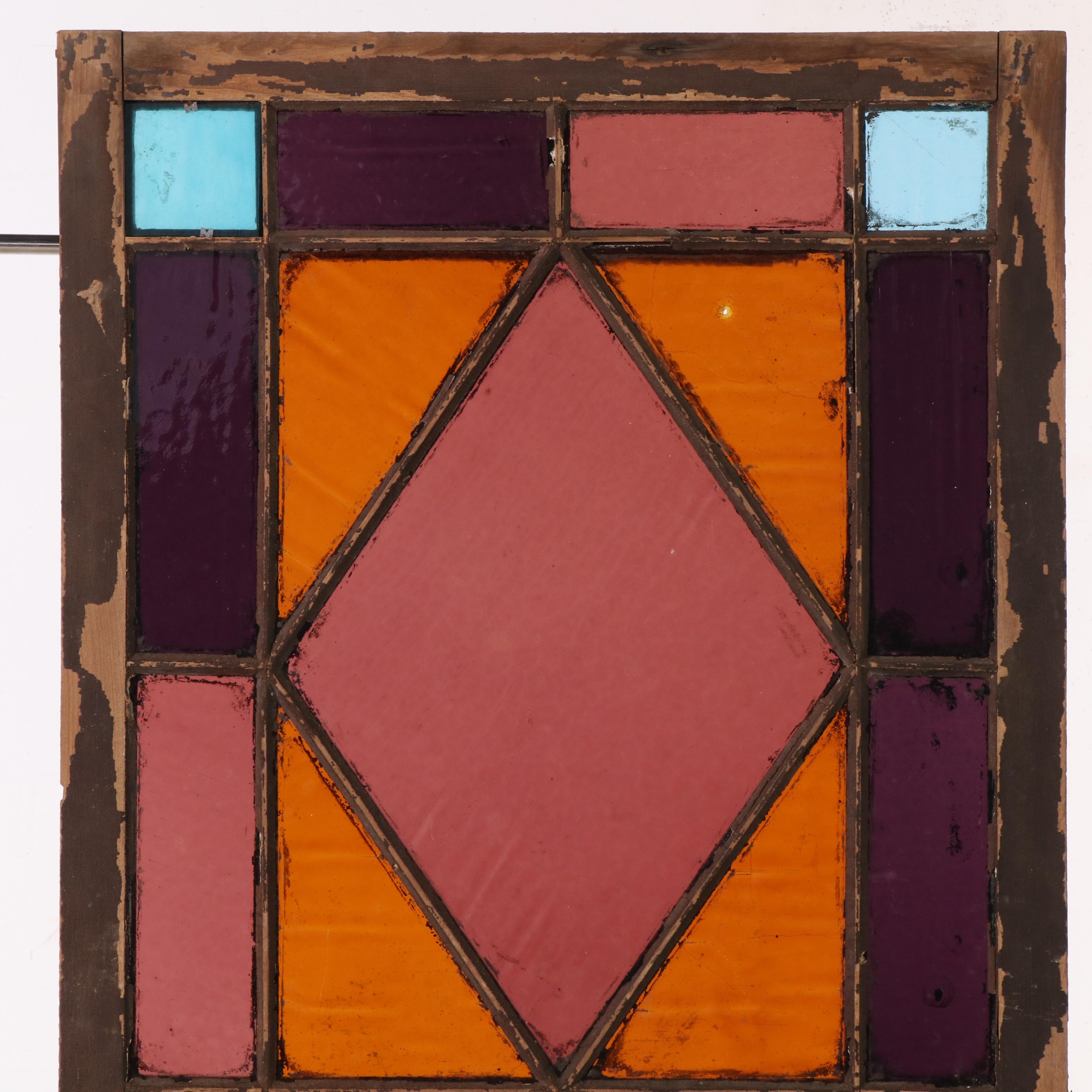 Vintage Geometric Stained Glass Window Panel