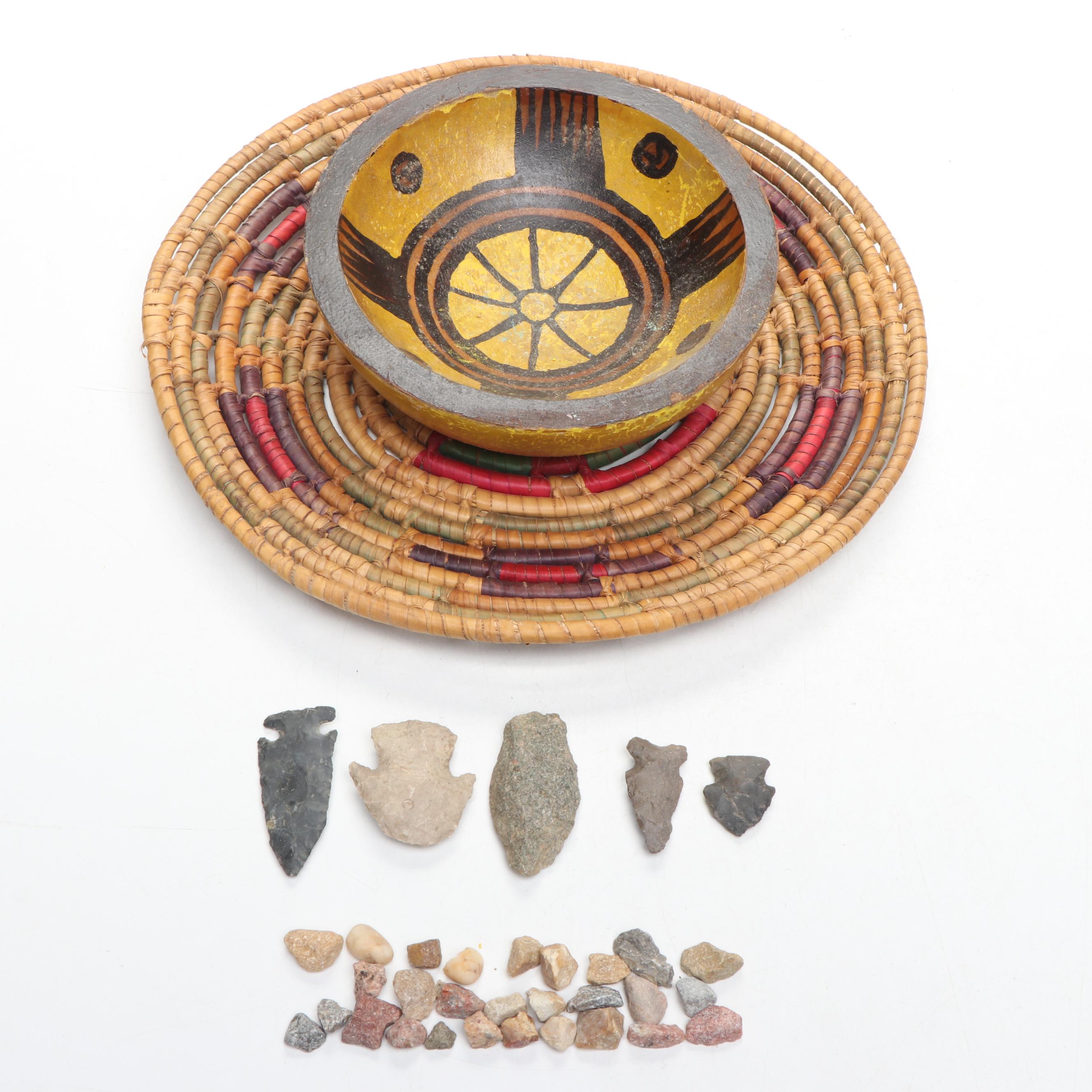 Native American Coil Woven Tray and Arrowheads with Hopi Style Wooden Bowl