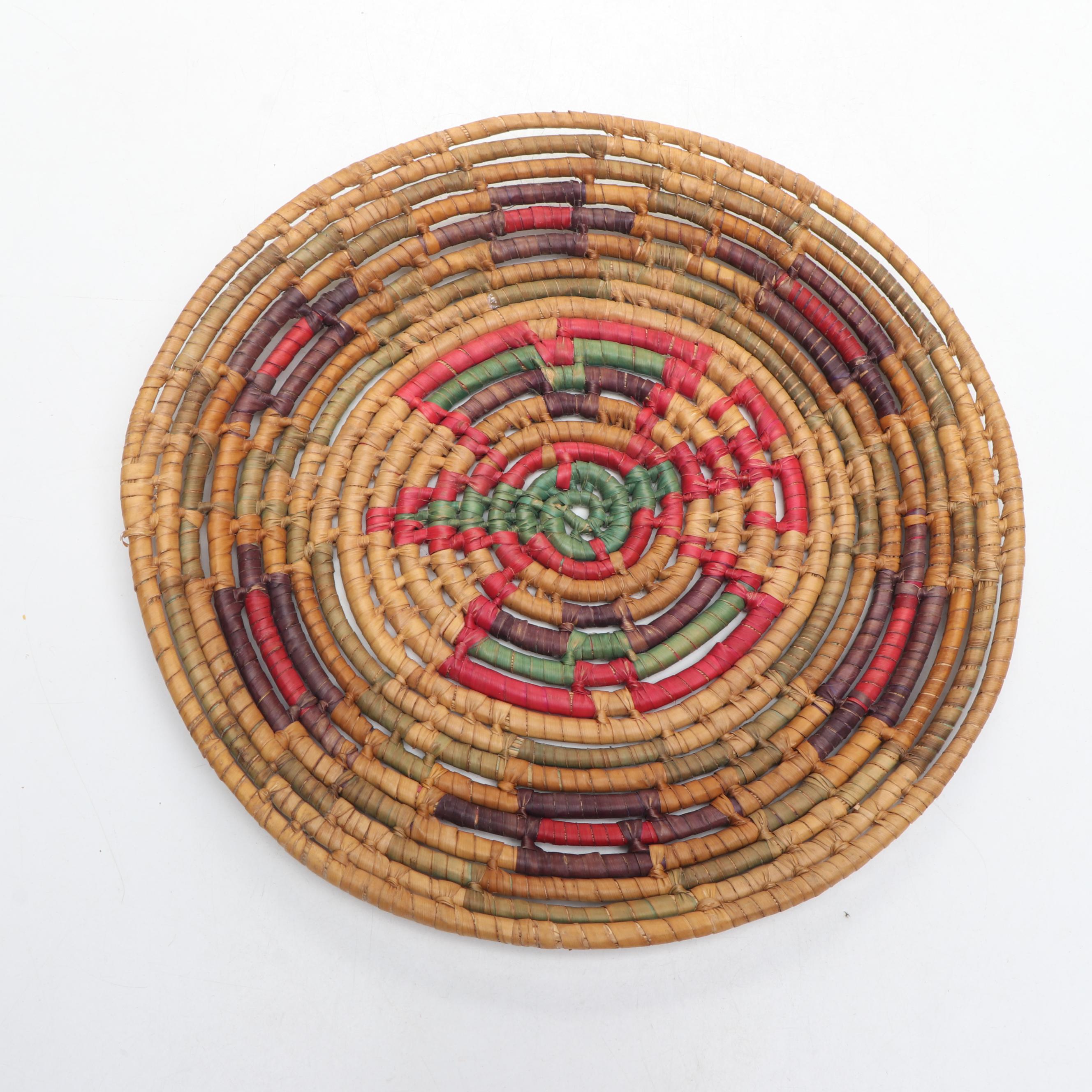 Native American Coil Woven Tray and Arrowheads with Hopi Style Wooden Bowl