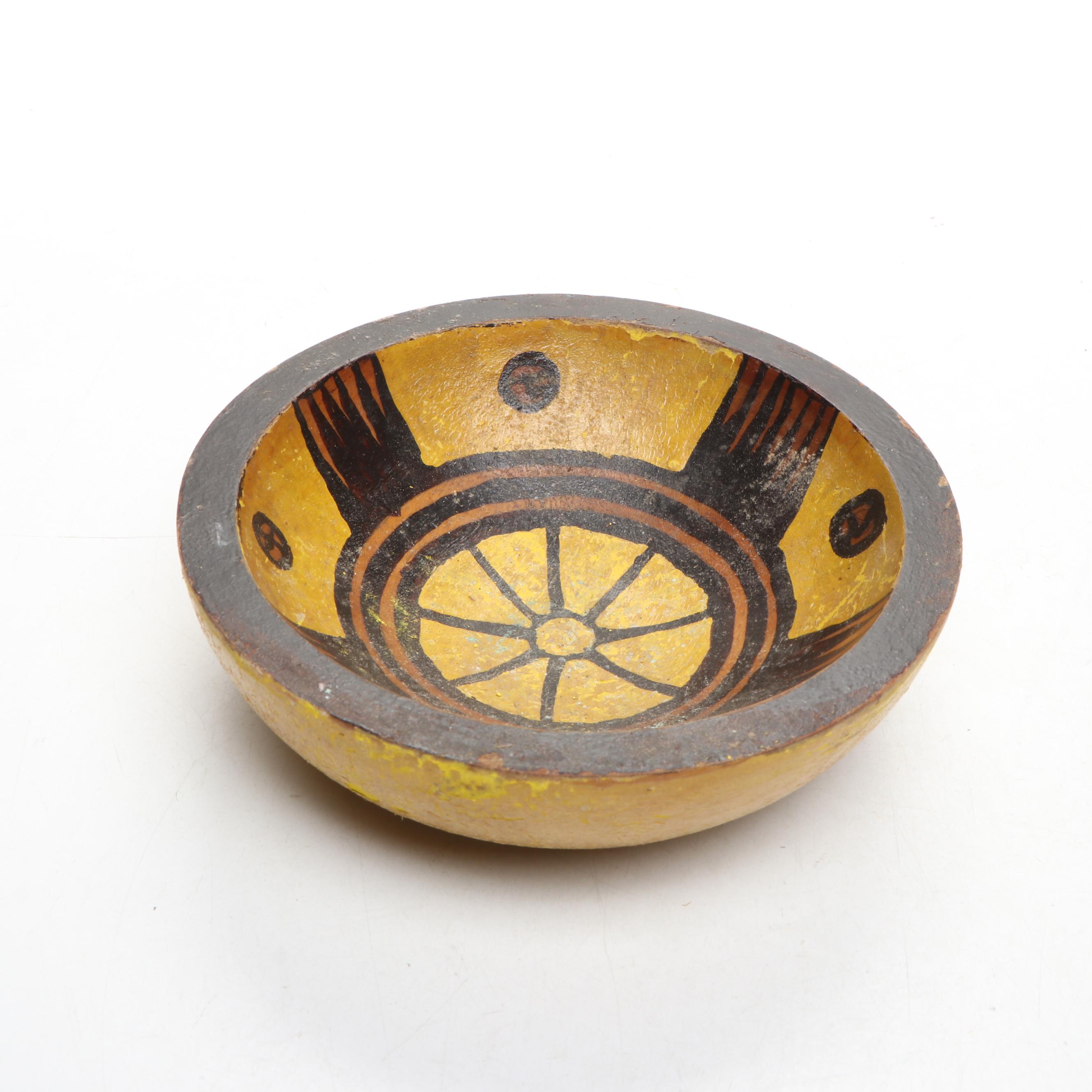 Native American Coil Woven Tray and Arrowheads with Hopi Style Wooden Bowl