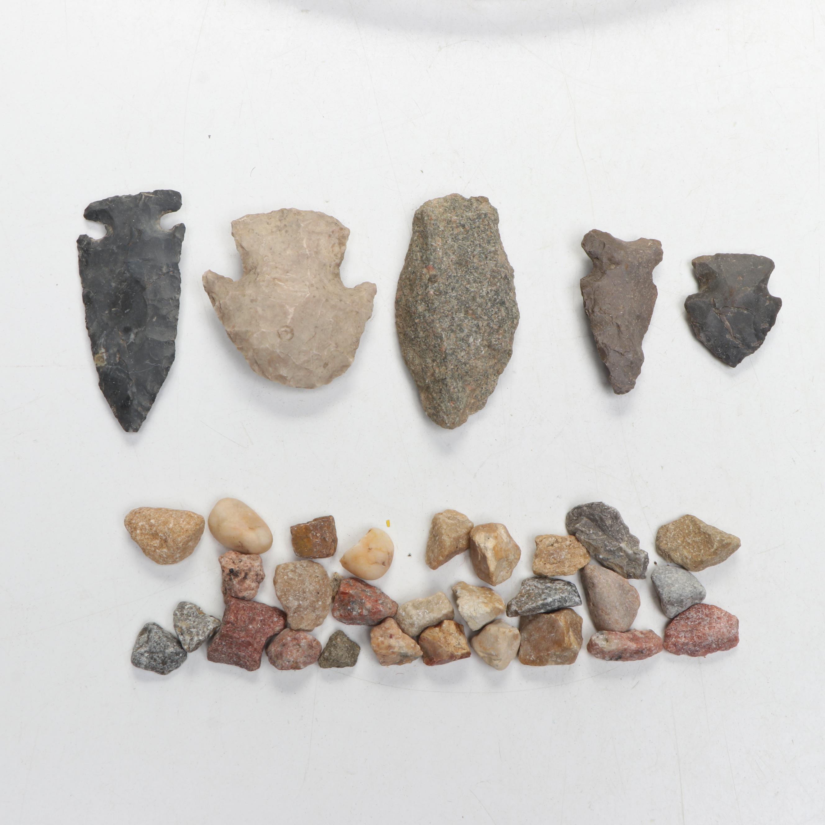 Native American Coil Woven Tray and Arrowheads with Hopi Style Wooden Bowl