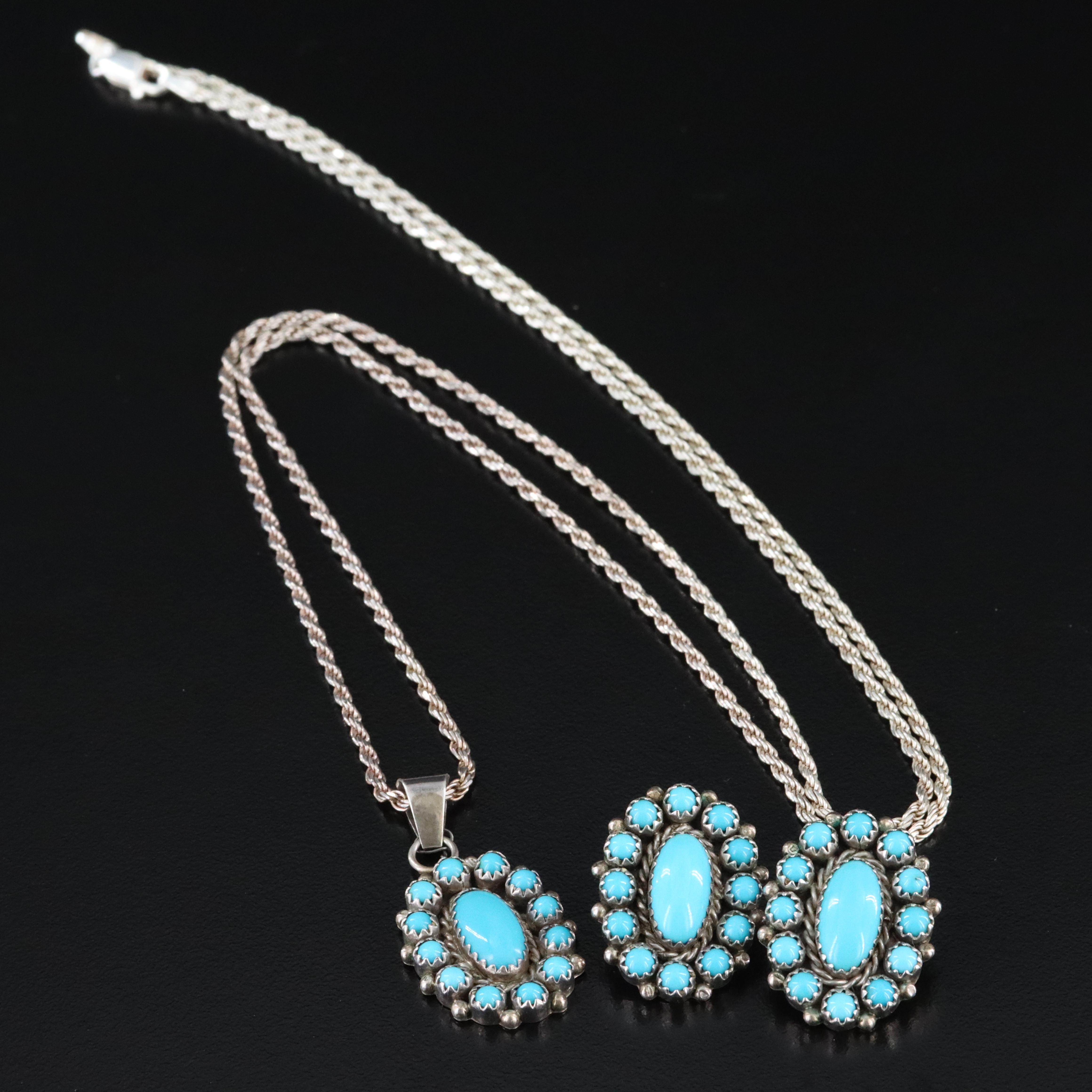 Shona Yazzie Navajo Diné Sterling Turquoise Earrings and Pendant Necklace