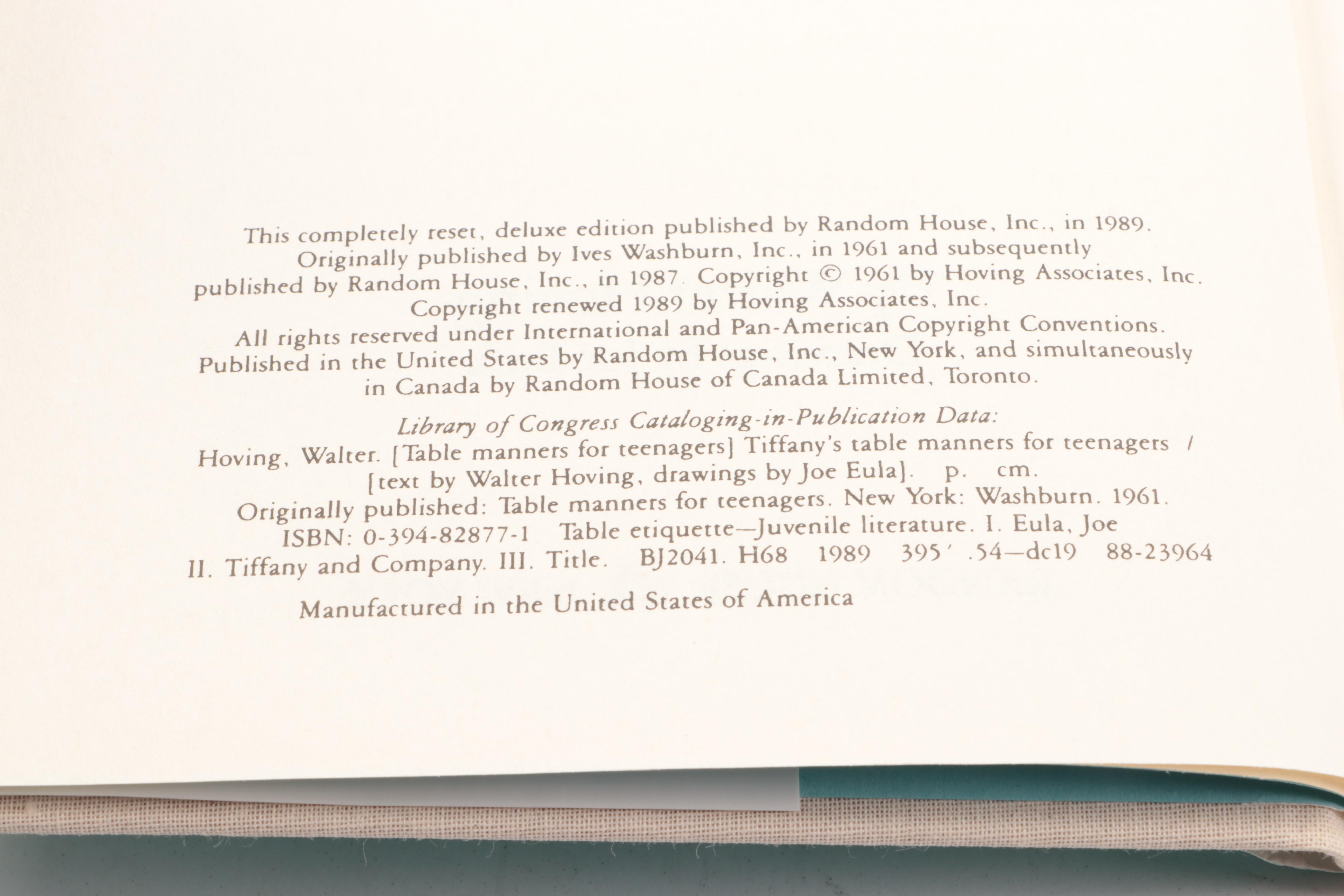 50th Anniversary Edition "Tiffany's Table Manners for Teenagers" by W. Hoving