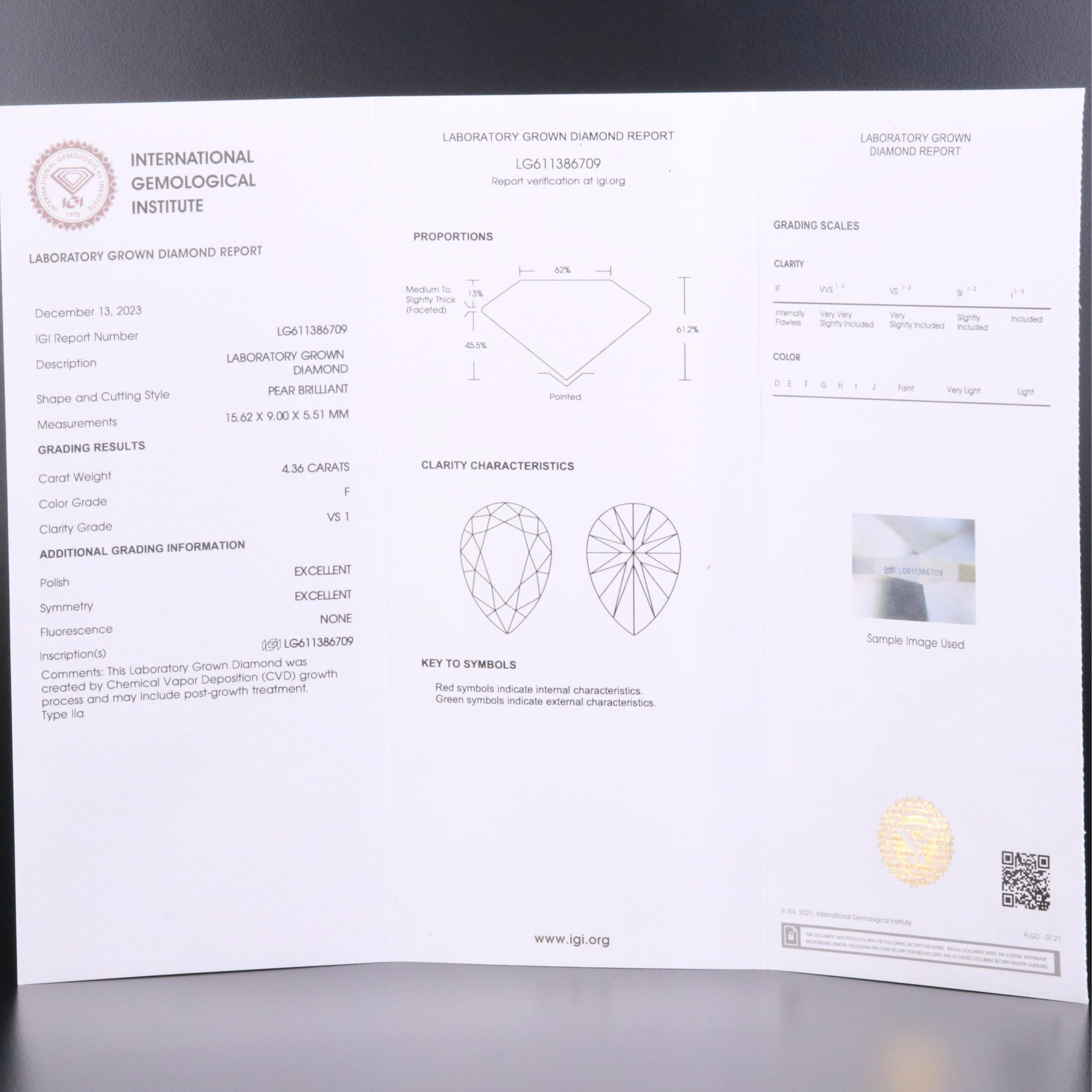 Loose 4.36 CT Lab Grown Diamond with IGI Report