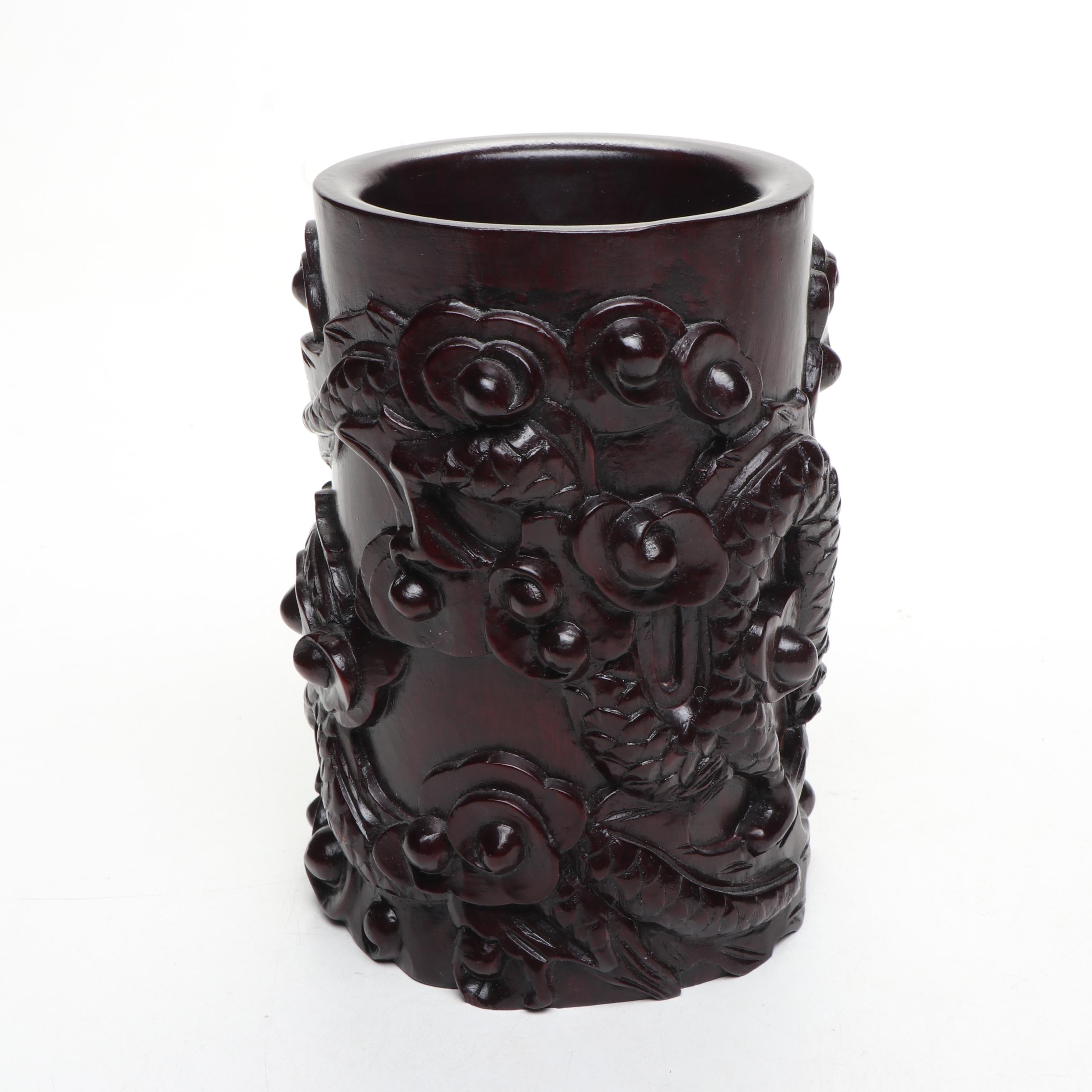 Chinese Carved Wood Dragon Brush Pot