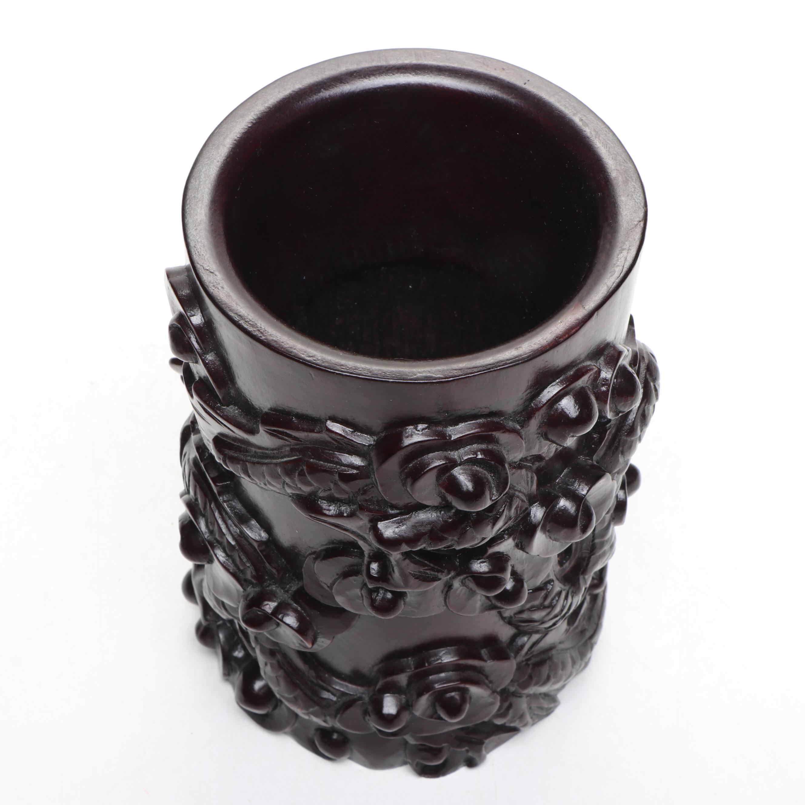 Chinese Carved Wood Dragon Brush Pot