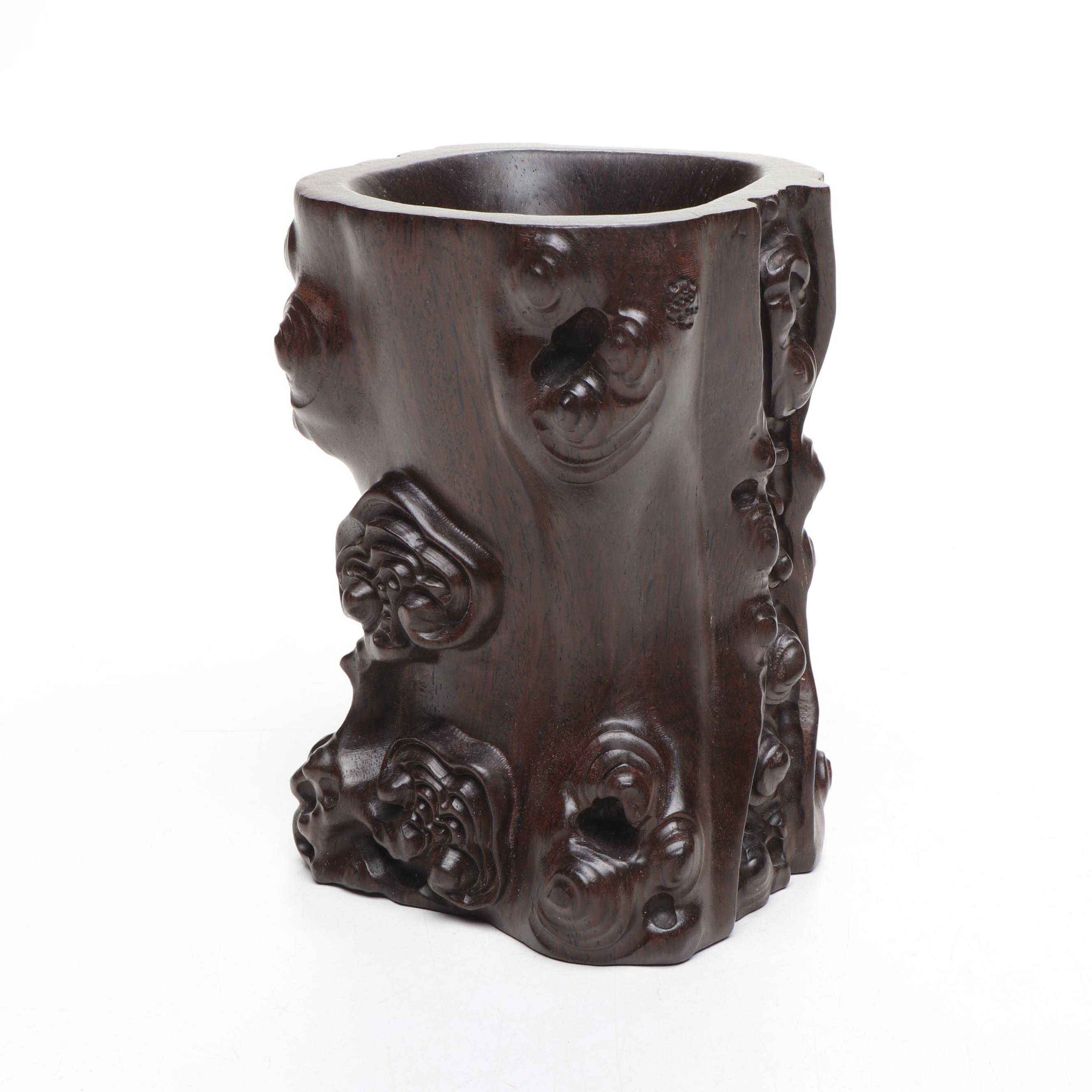Chinese Carved Wood Brush Pot