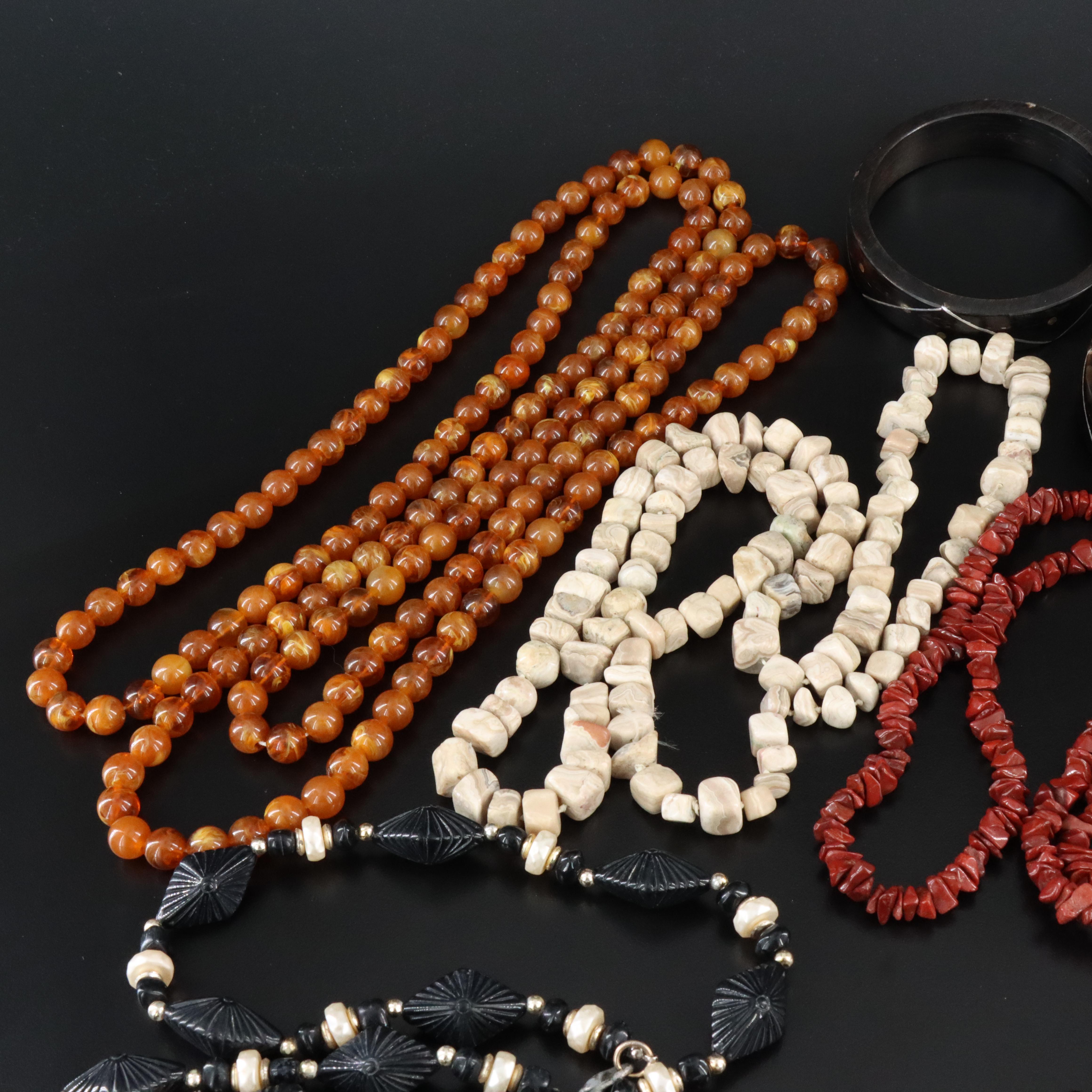 Necklace and Bracelet Collection Featuring Agate, Horn and Faux Pearl