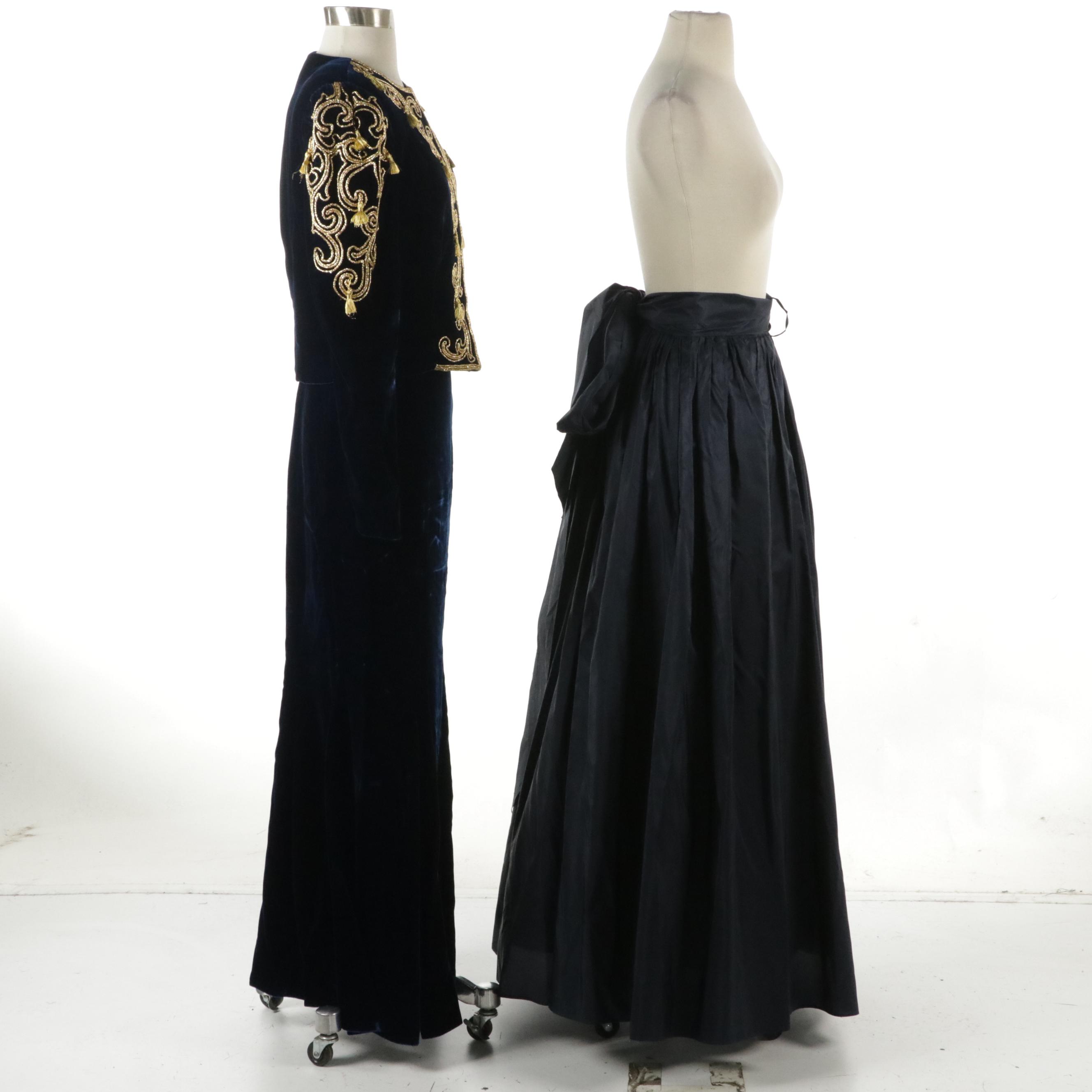 Blue Velvet 2-Piece Set & Navy Pleated Full-Length Occasion Skirt with Tie Sash
