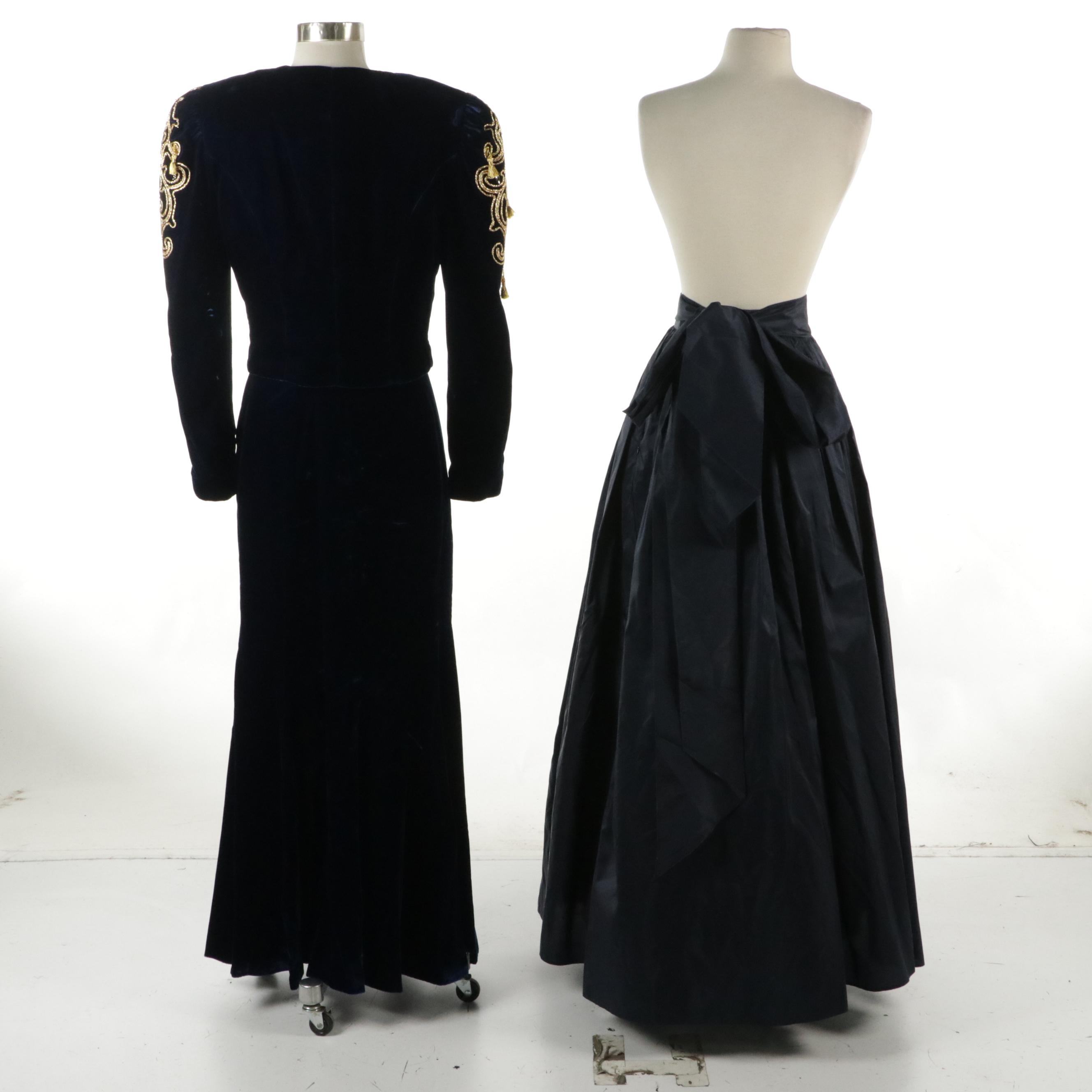 Blue Velvet 2-Piece Set & Navy Pleated Full-Length Occasion Skirt with Tie Sash