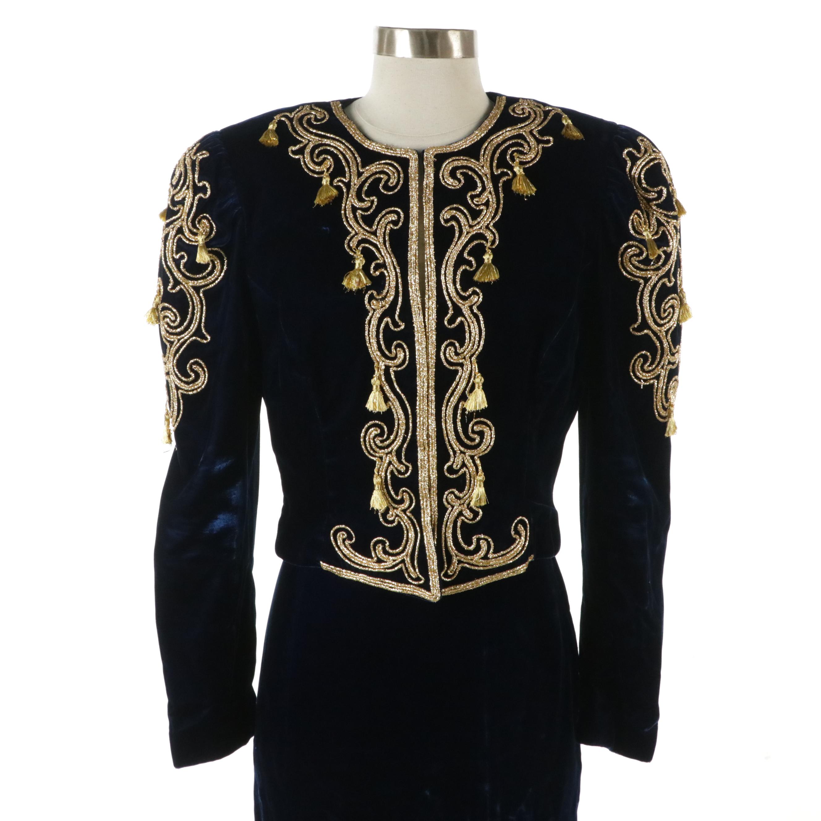 Blue Velvet 2-Piece Set & Navy Pleated Full-Length Occasion Skirt with Tie Sash