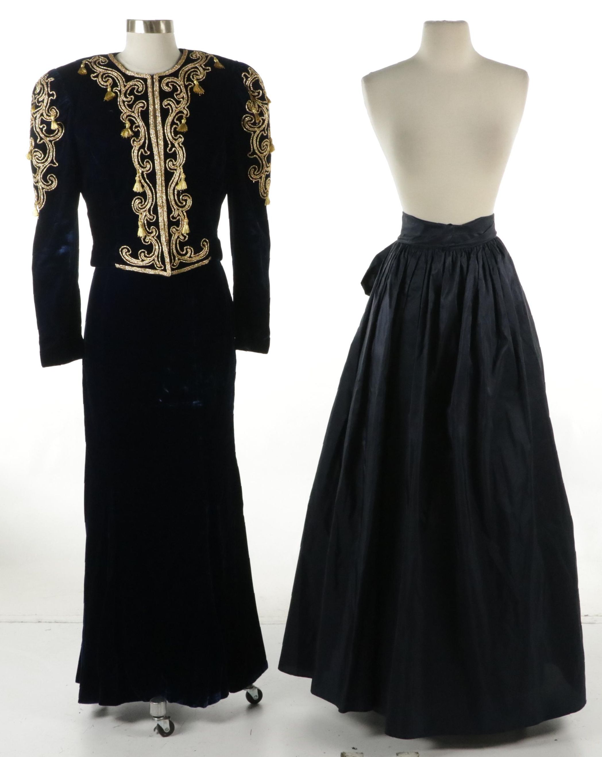 Blue Velvet 2-Piece Set & Navy Pleated Full-Length Occasion Skirt with Tie Sash