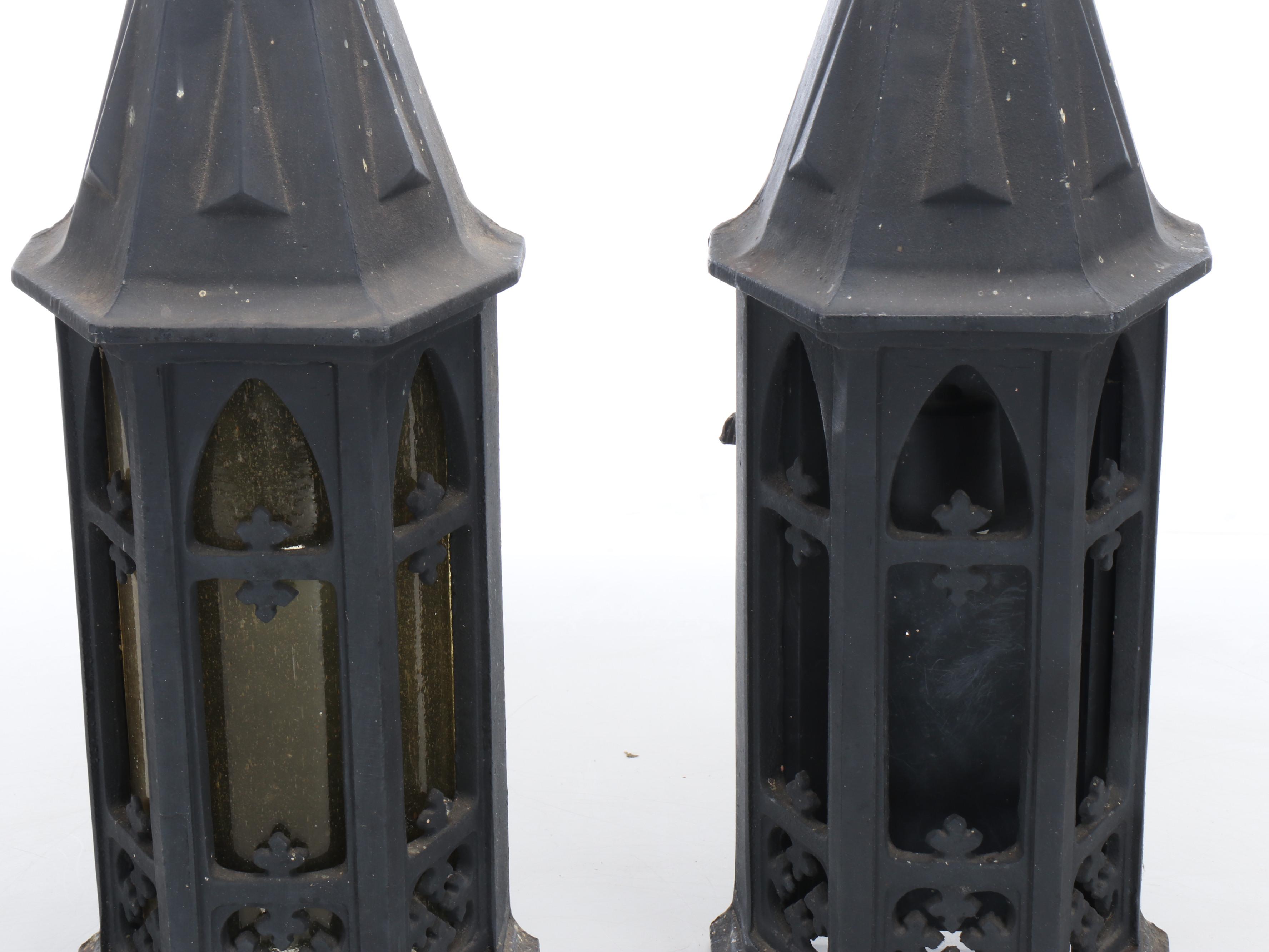 Gothic Style Black Metal Wall Lanterns with Yellow Seed Glass Panels