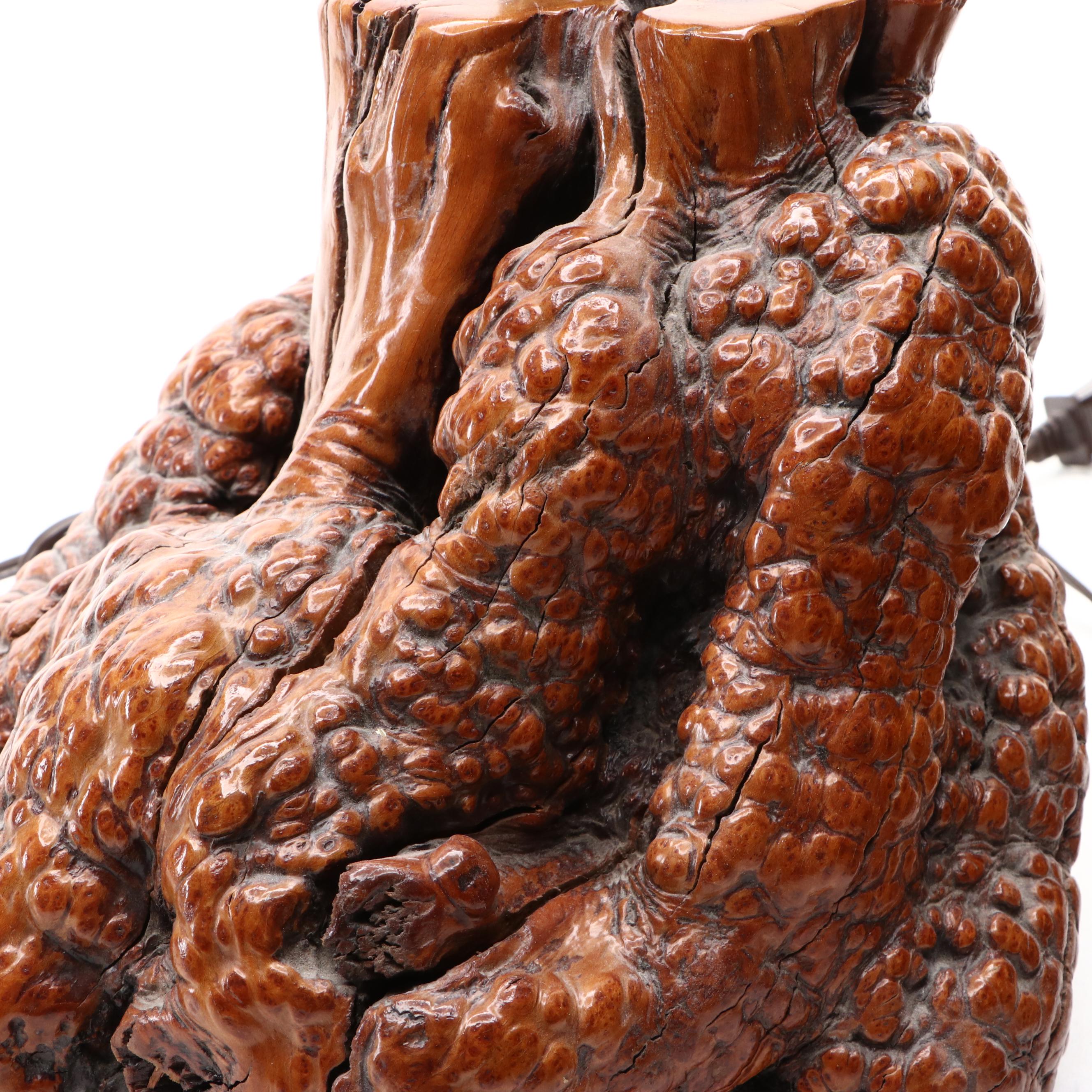 Burl Wood Table Lamps with Embossed Faux Leather Shade