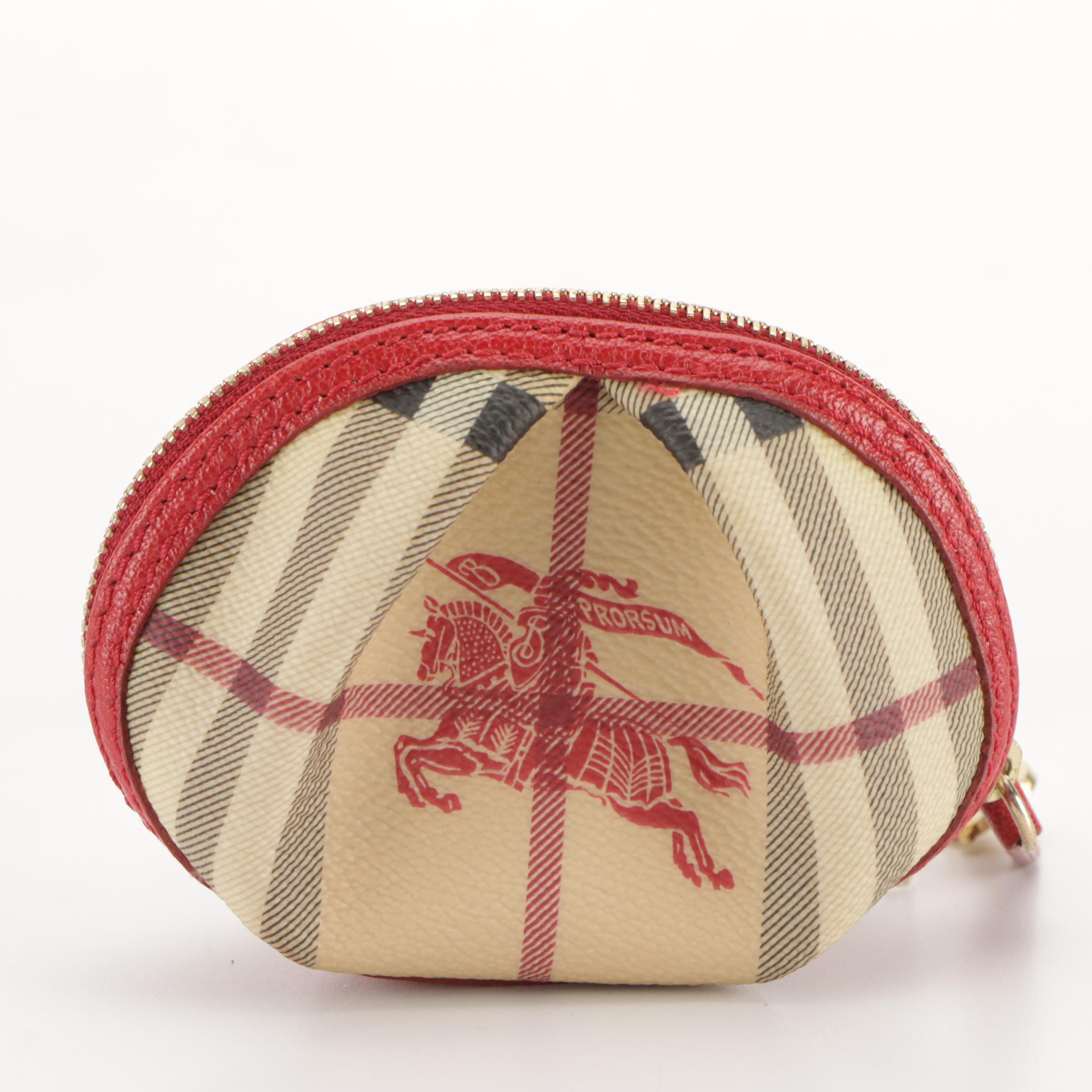 Burberry Coin Pouch in Haymarket Check Coated Canvas and Red Leather