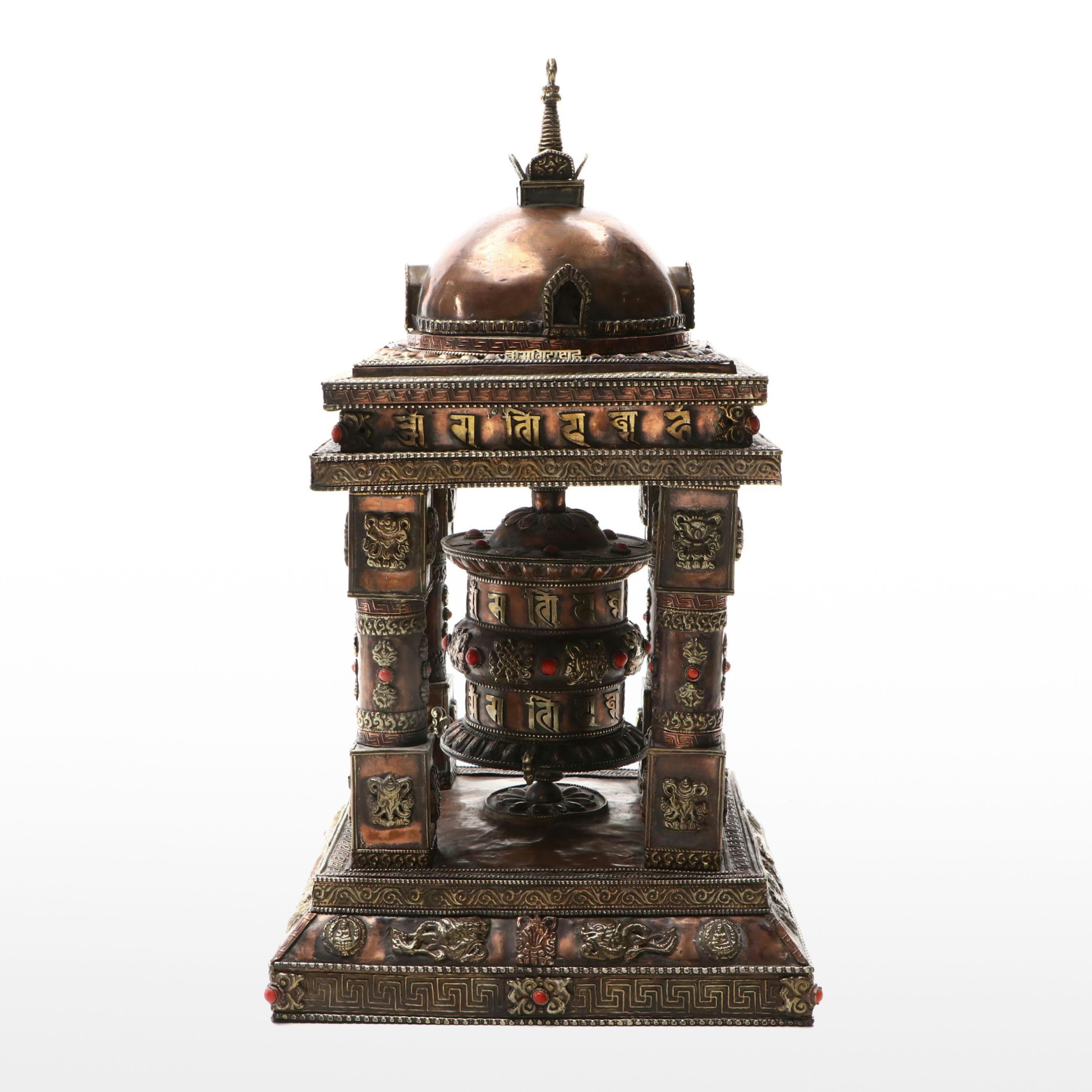 Tibetan Buddhist Prayer Wheel with Temple Stand