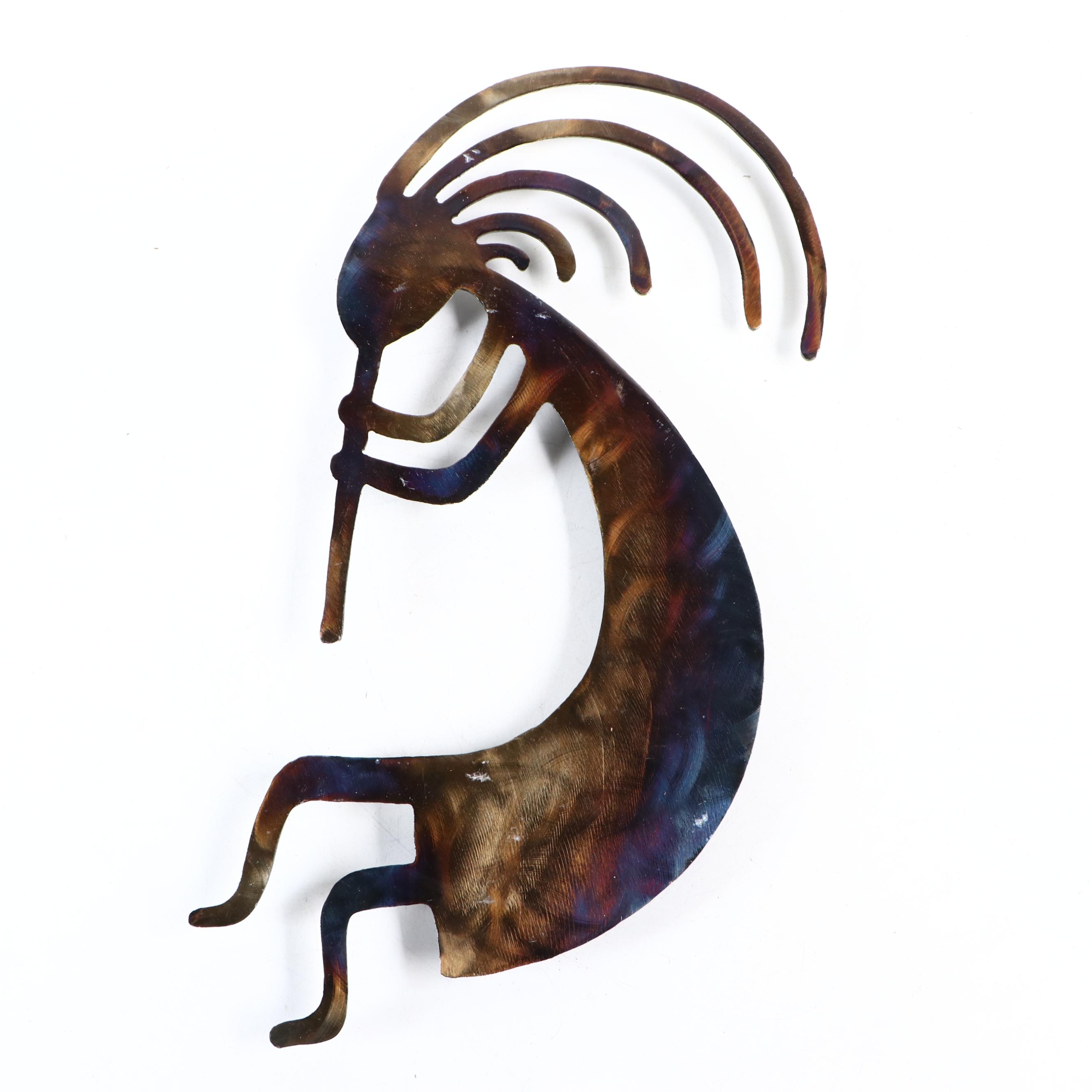 Southwestern Heat-Colored Metal Kokopelli, Peyote Bird & Buffalo Wall Hangings