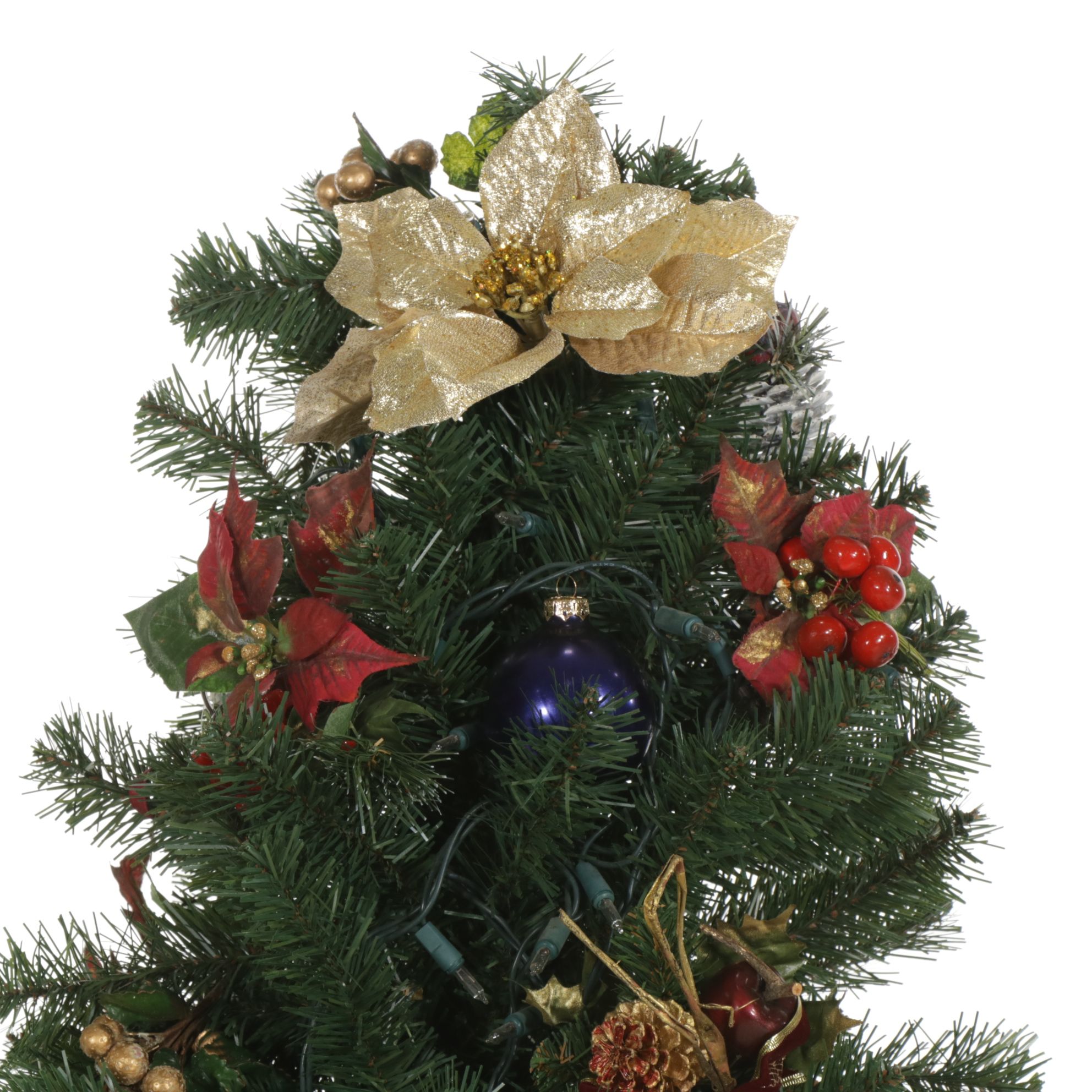 Lighted Artificial Christmas Tree with Poinsettias and Other Ornaments