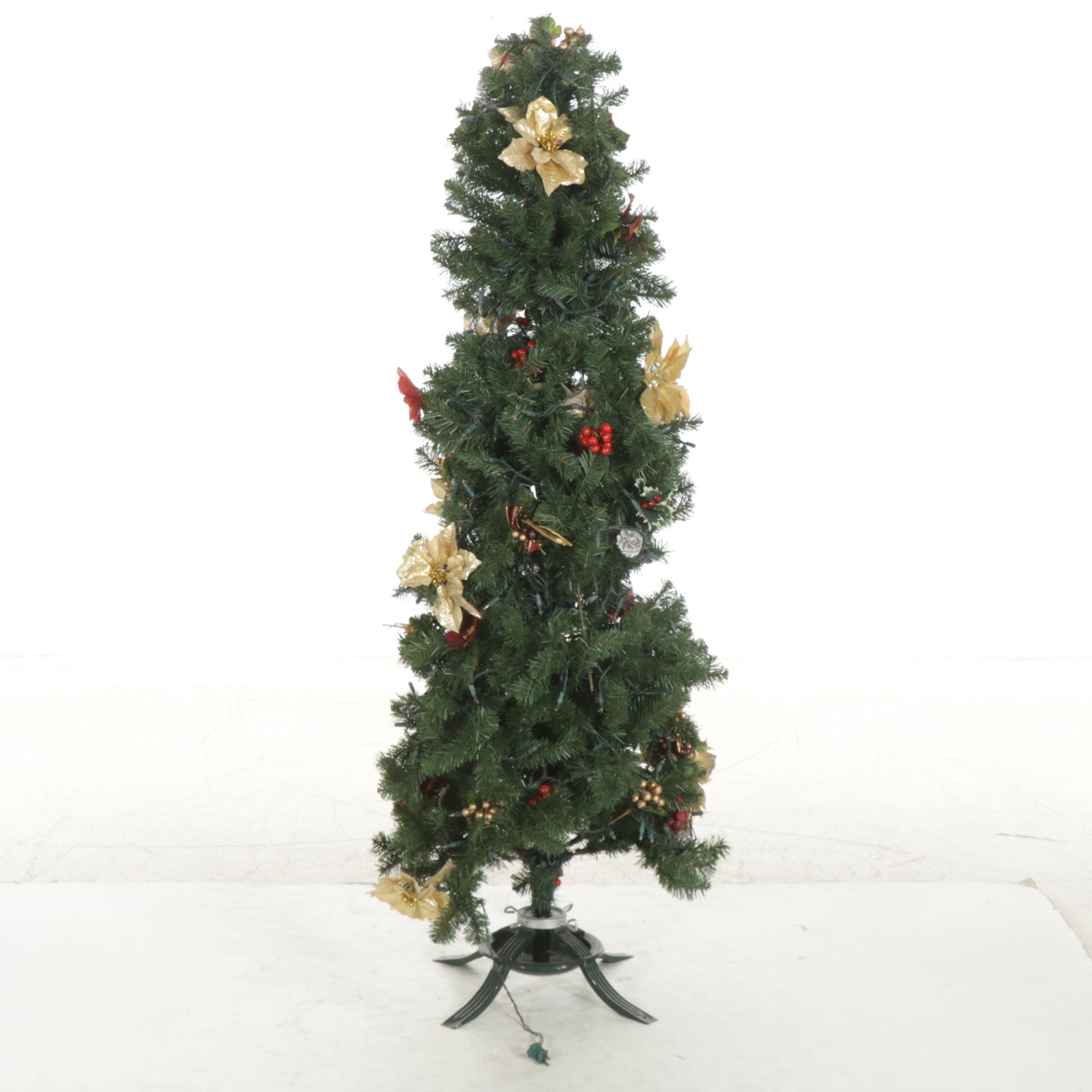 Lighted Artificial Christmas Tree with Poinsettias and Other Ornaments