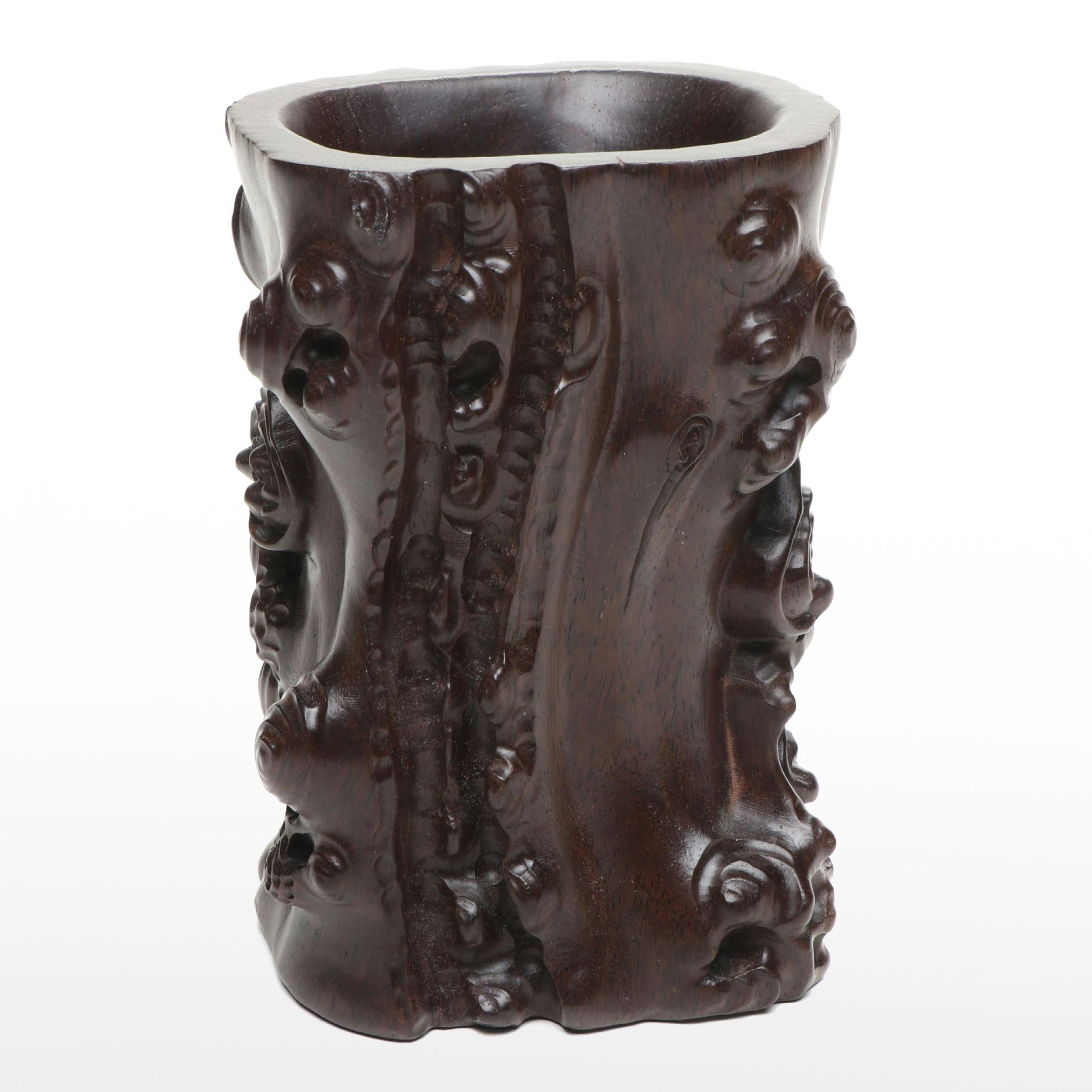 Chinese Carved Wood Brush Pot