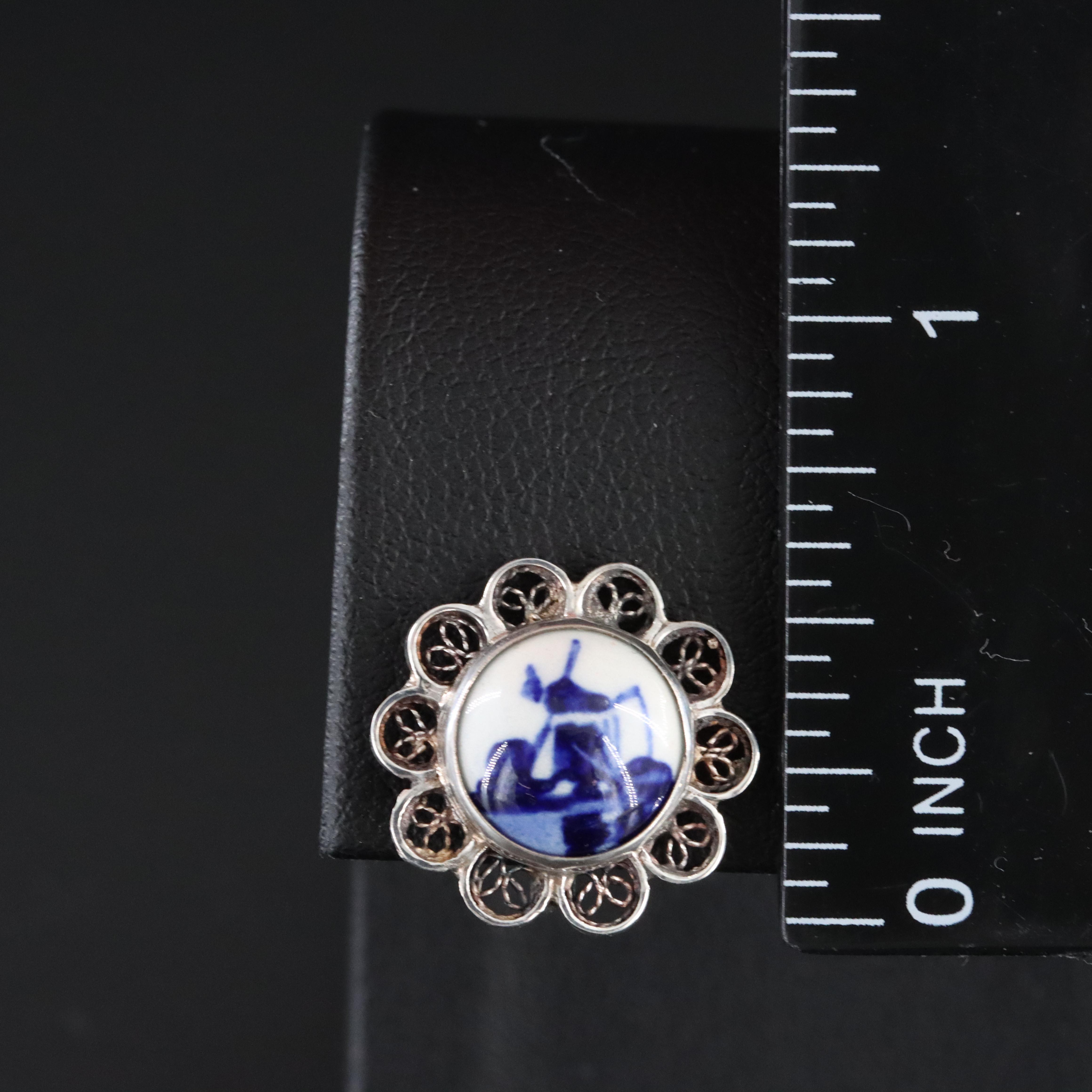 Dutch 835 Silver Porcelain Delft Earrings