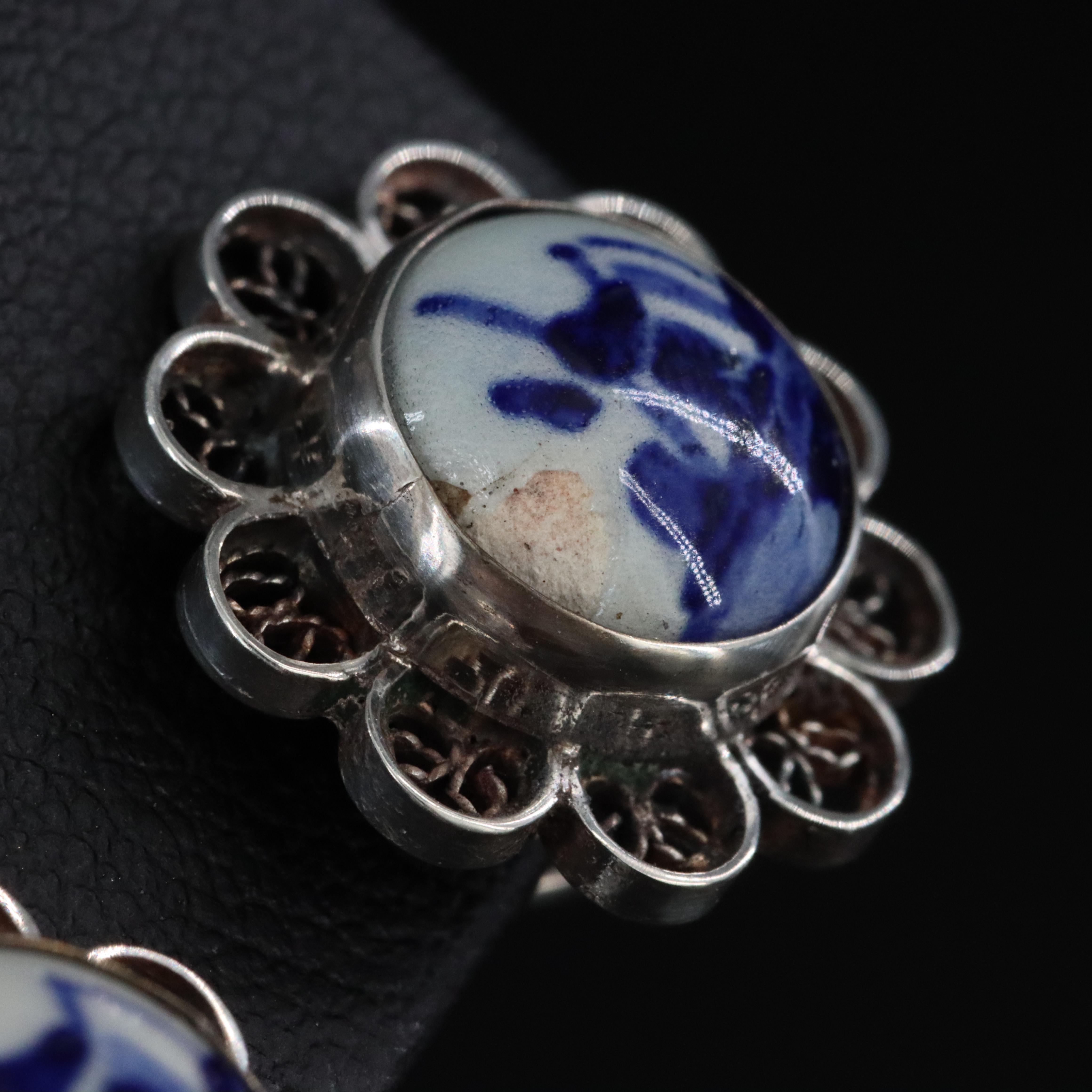 Dutch 835 Silver Porcelain Delft Earrings