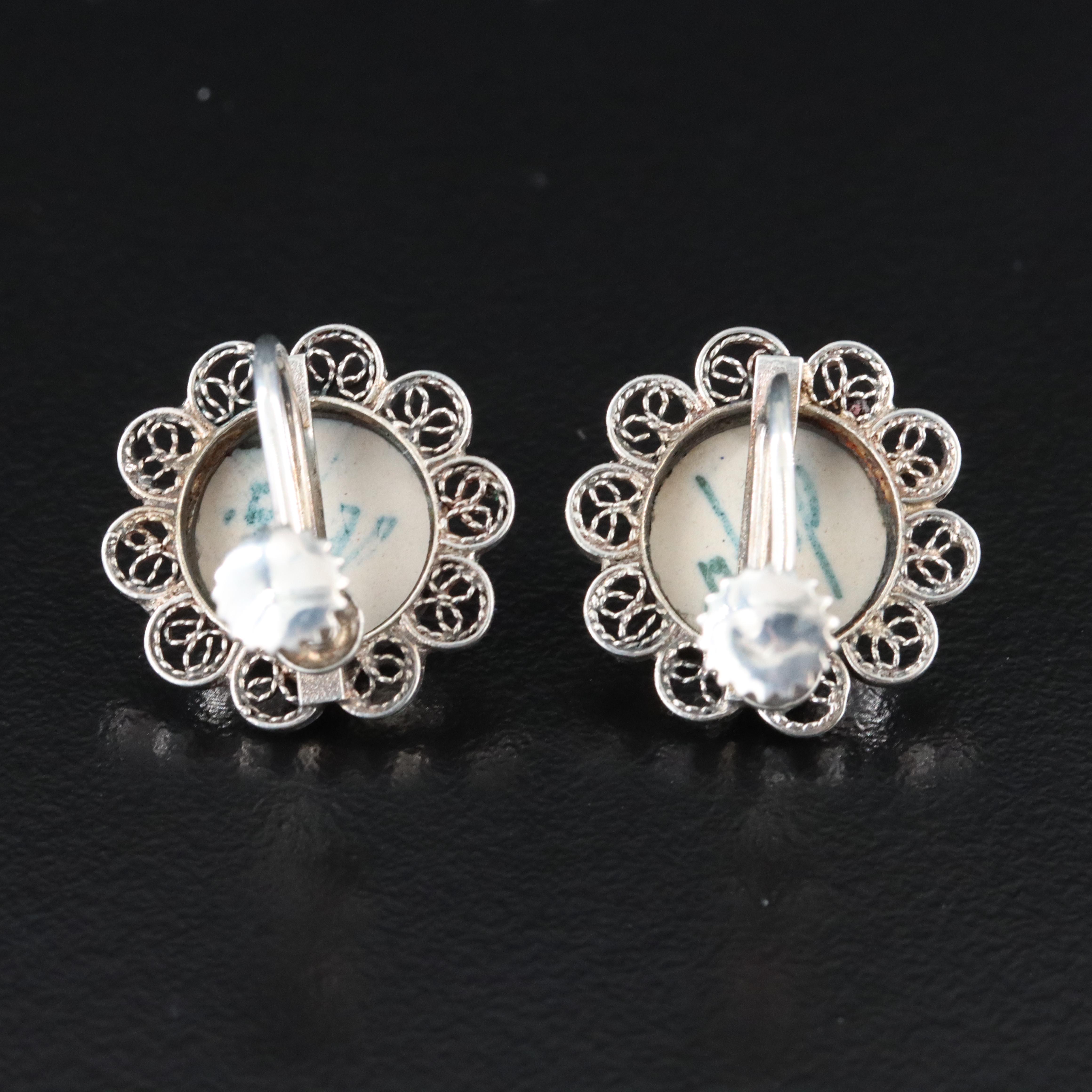 Dutch 835 Silver Porcelain Delft Earrings