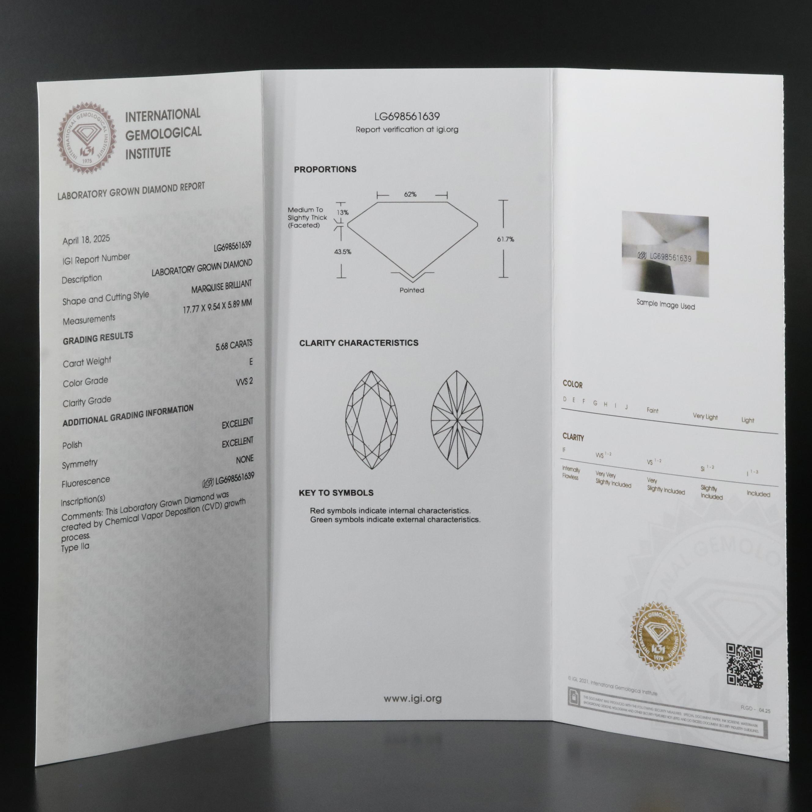 18K 5.68 CT Lab Grown Diamond Solitaire Ring with IGI Report