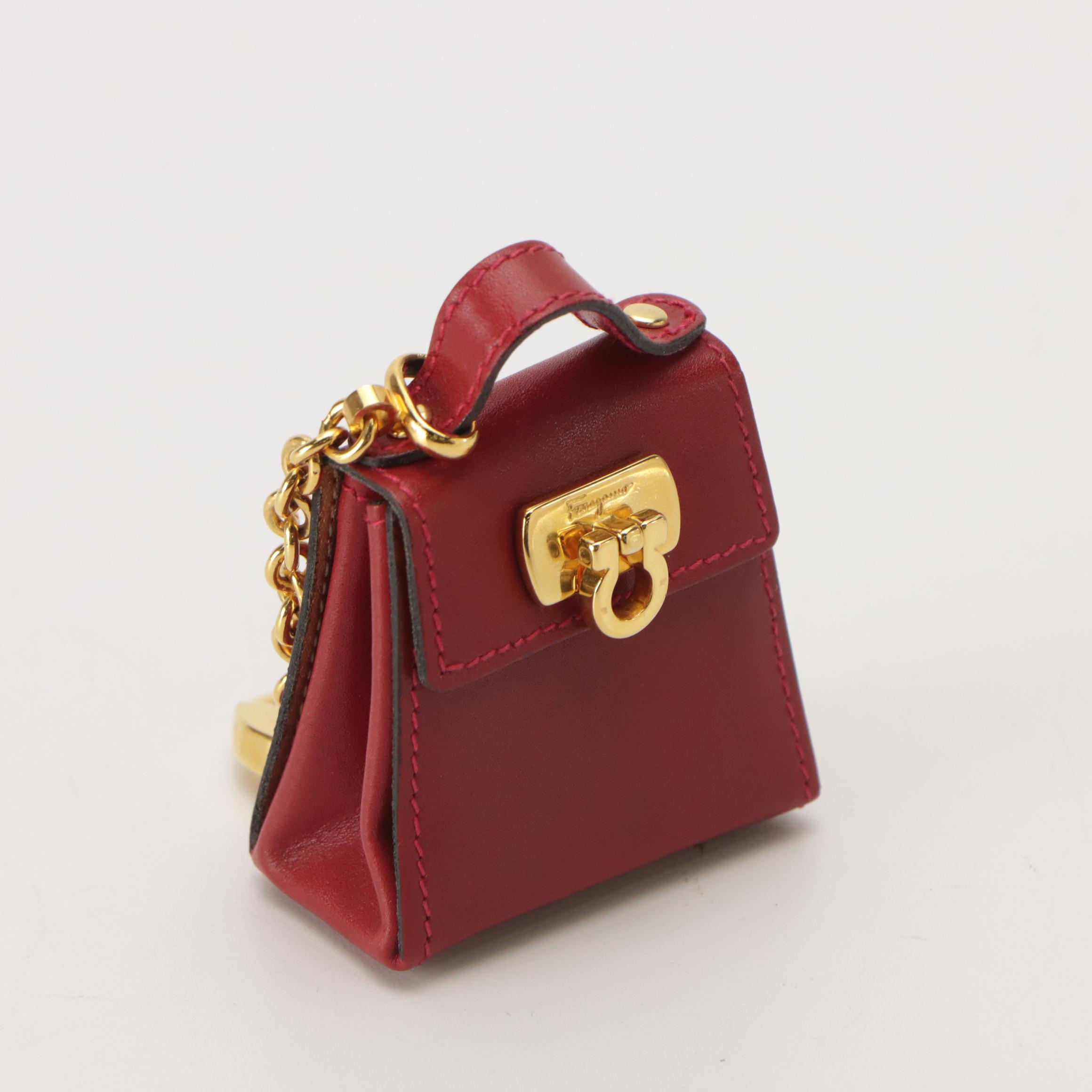 Salvatore Ferragamo Mini Flap Top Bag Purse Charm in Red Calfskin Leather