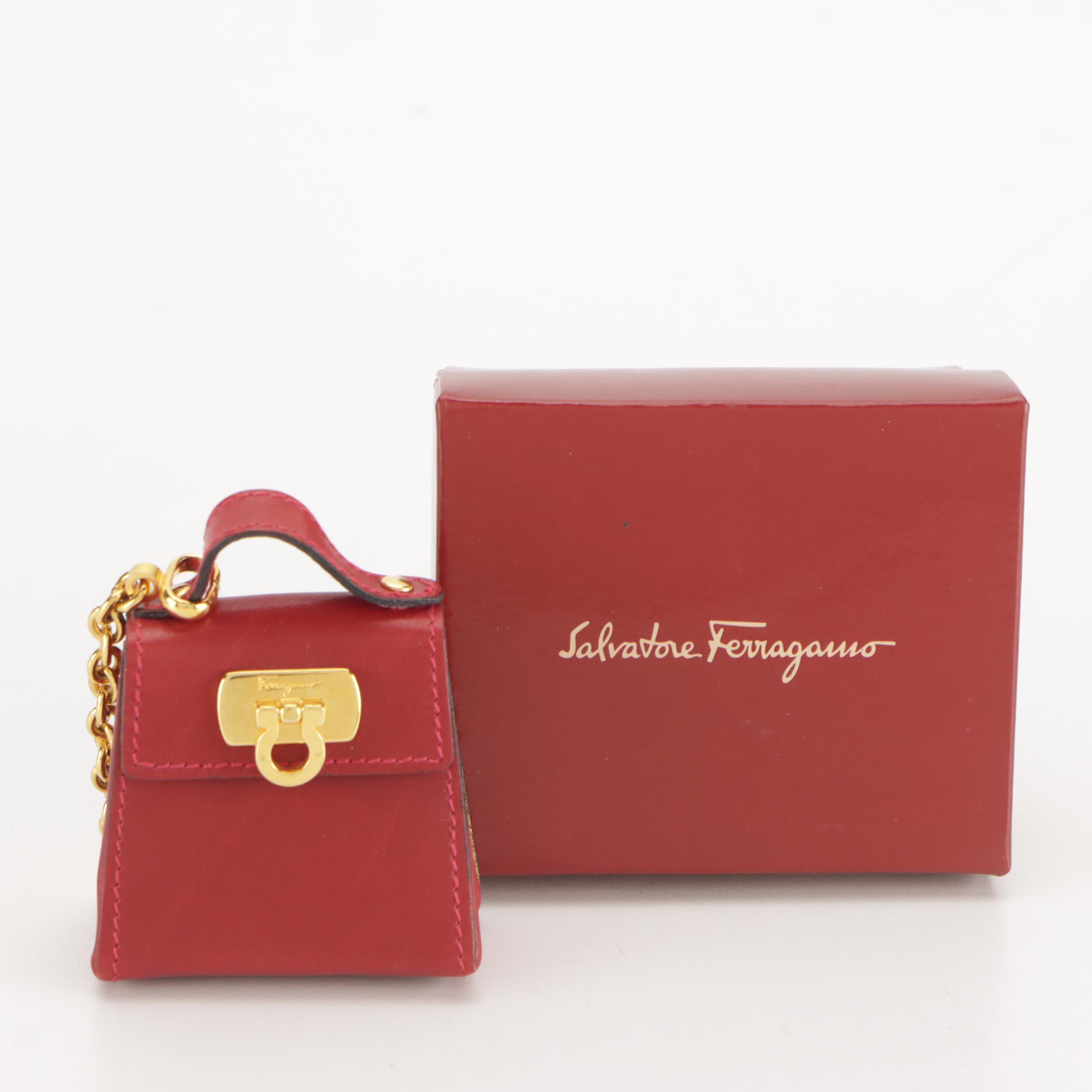 Salvatore Ferragamo Mini Flap Top Bag Purse Charm in Red Calfskin Leather