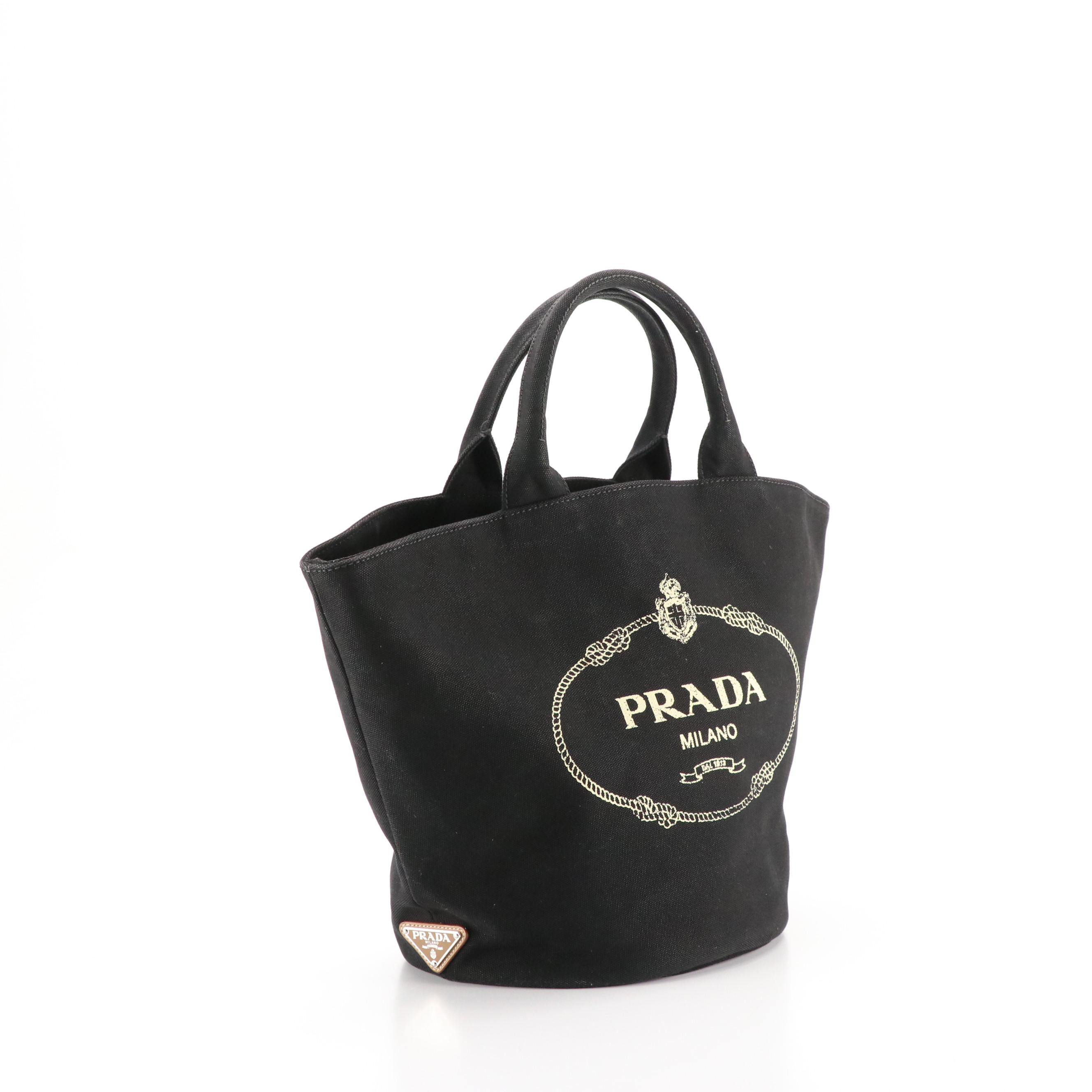 Prada Bucket Shopping Two-Way Tote in Black Canapa Logo Canvas