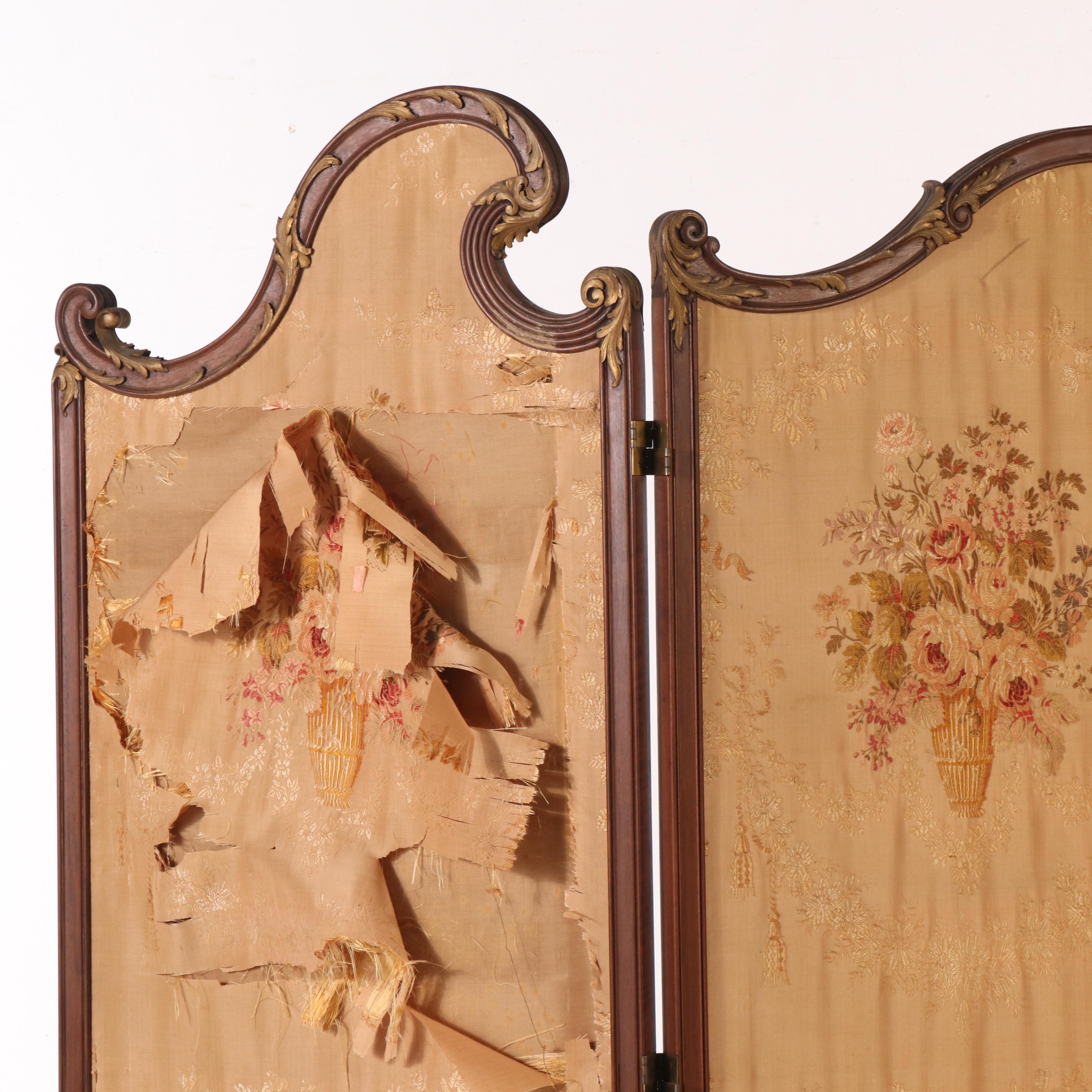 Antique Louis XV Style Three-Panel Silk Dressing Screen