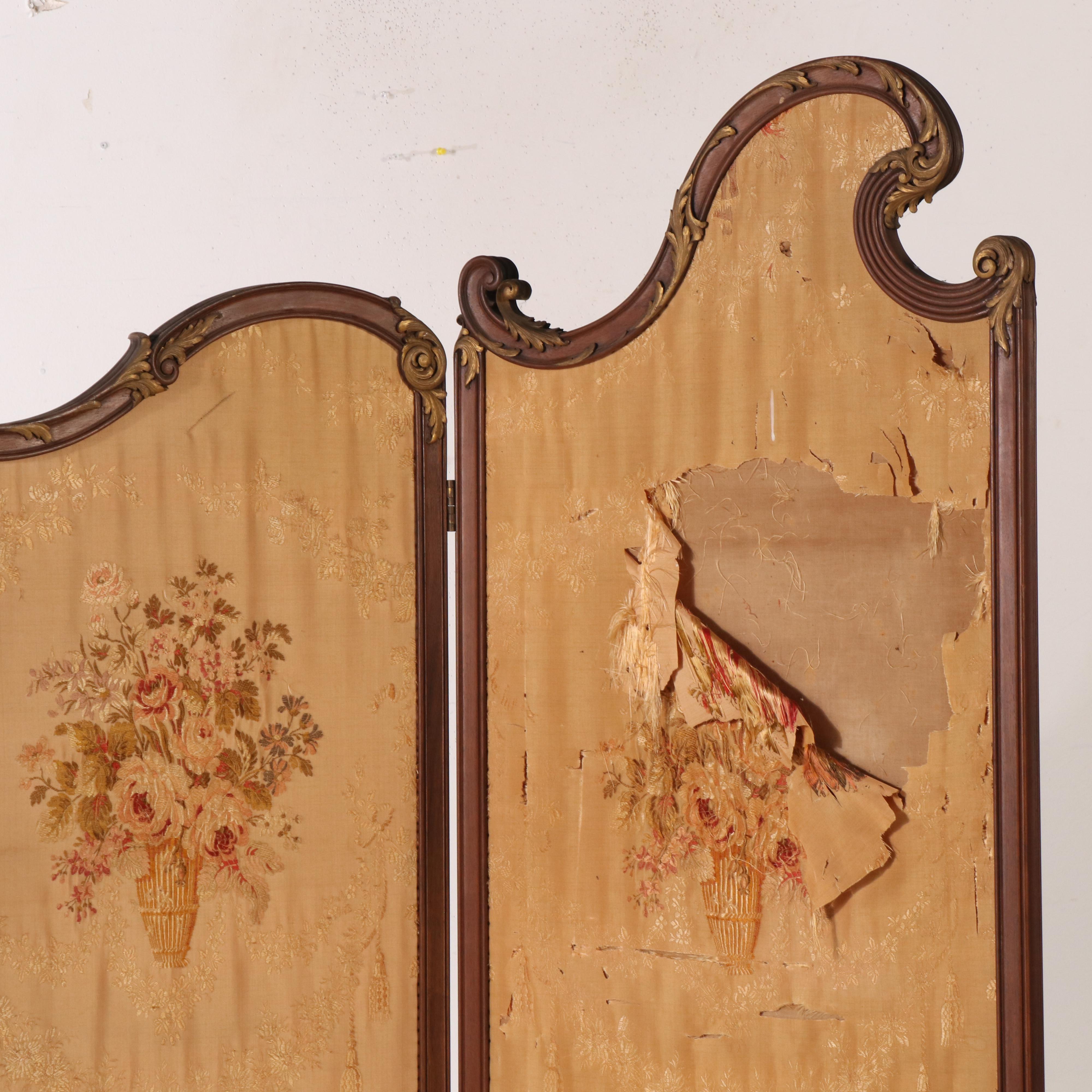 Antique Louis XV Style Three-Panel Silk Dressing Screen