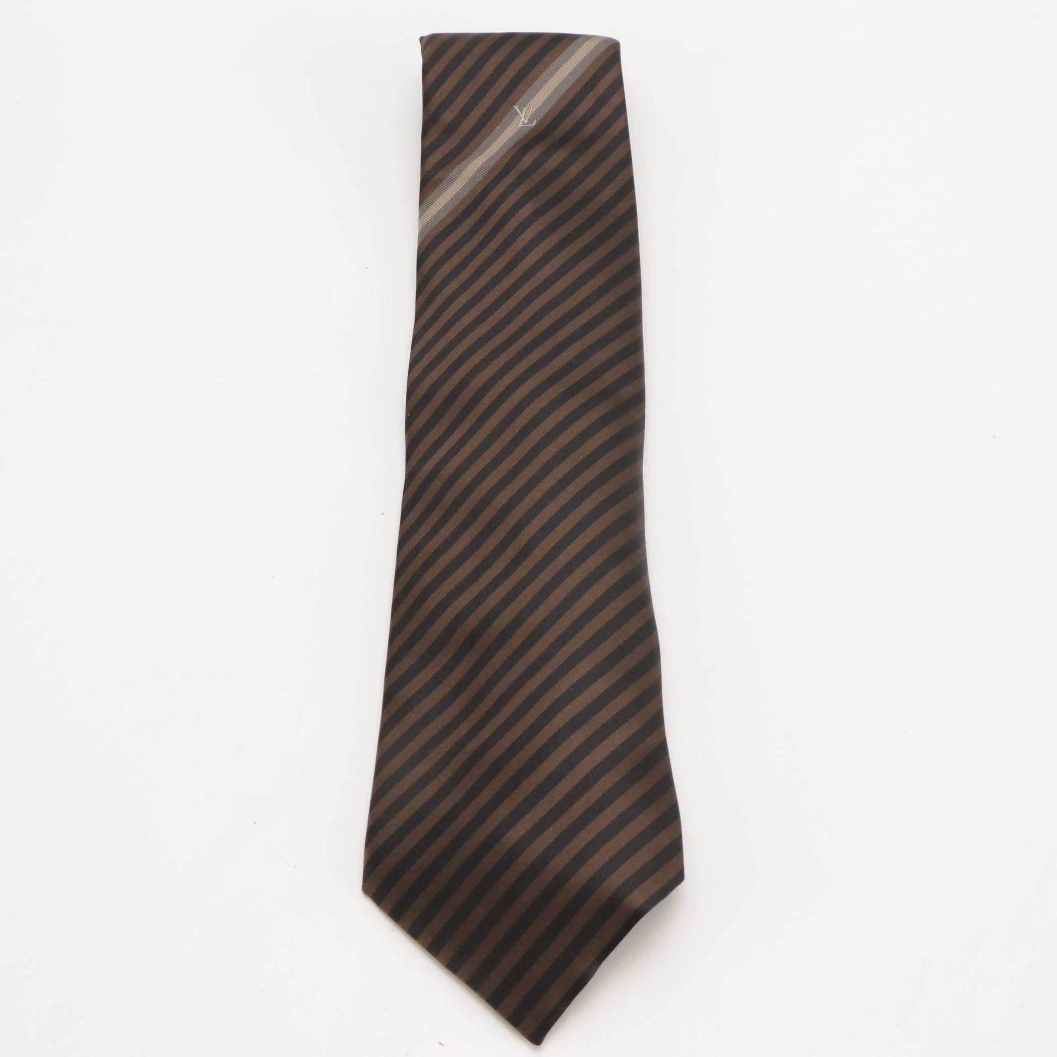 Louis Vuitton Black and Brown Striped Silk Necktie